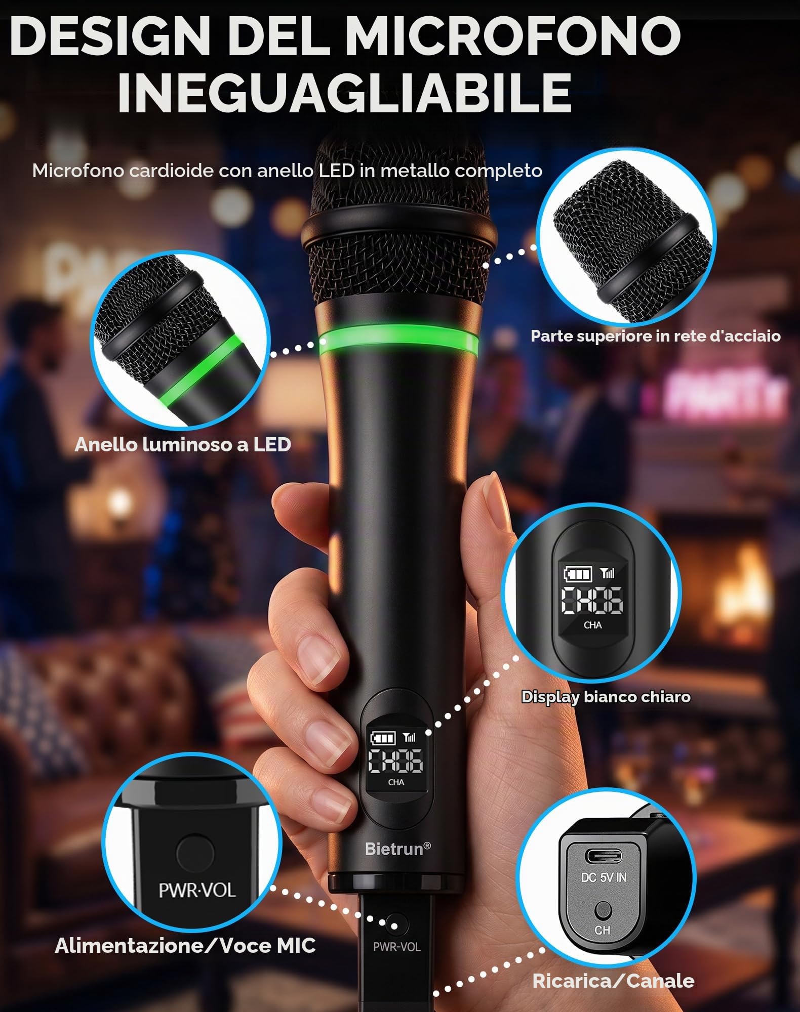 Microfono wireless ricaricabile Bietrun, microfoni wireless dinamici portatili senza fili in metallo con uscita da 1/4'' per karaoke, riunioni, canto
