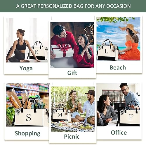Miniatura 6 de Bolsa de lona de playa para mujer, regalos de cumpleaños, 16 onzas, bolsa de lona personalizada con inicial con correa, cremallera y bolsillos,