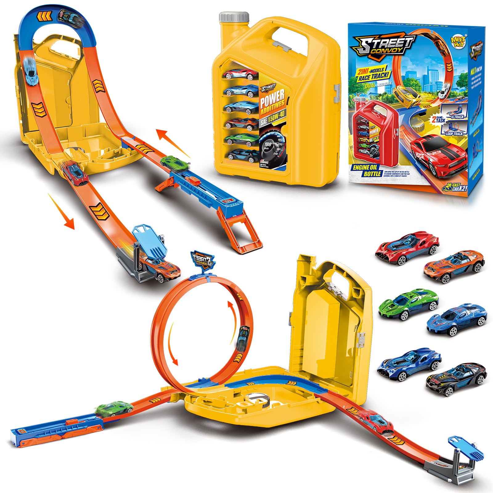 Charmofun Pista Macchinine 2 in1, Giocattolo Piste da Corsa con 6 Auto, Scatola Immagazzinaggio, Piste Macchinine per Bambini con Anello e Binari a U, Portatile Pista per Bambini 3+ Anni (Giallo)