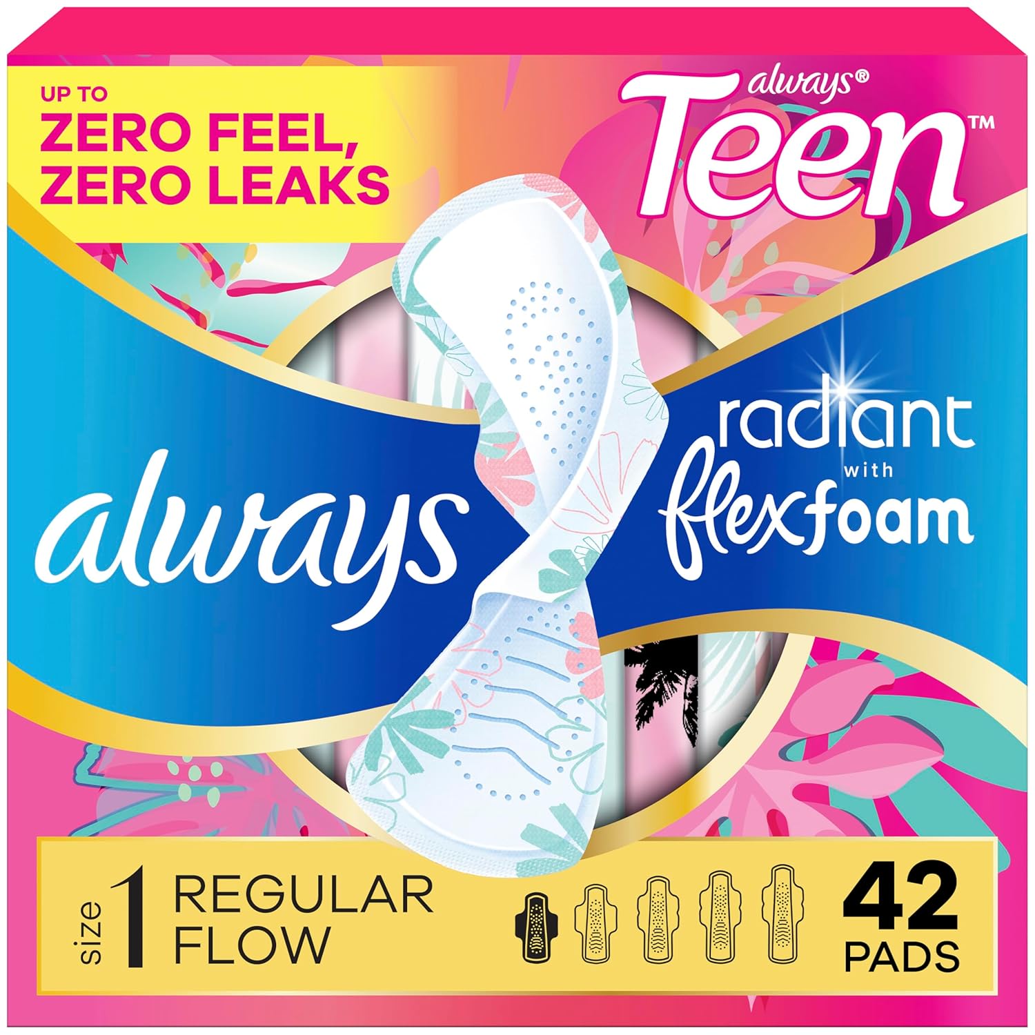 Always Radiant Teen Pads Size 1 Regular with Wings Unscented 42 Count