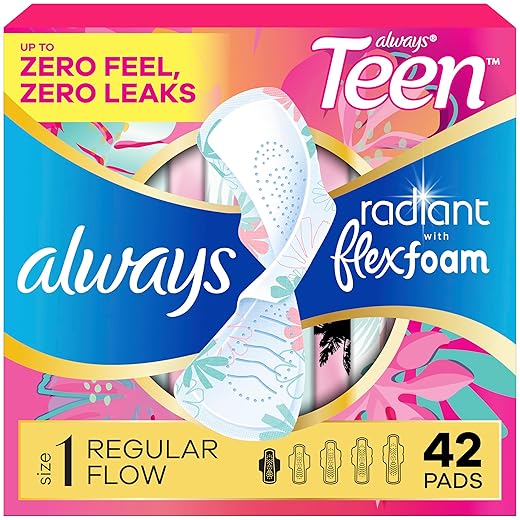 Always Radiant Teen Pads, Size 1, Regular, with Wings, Unscented, 42 Count