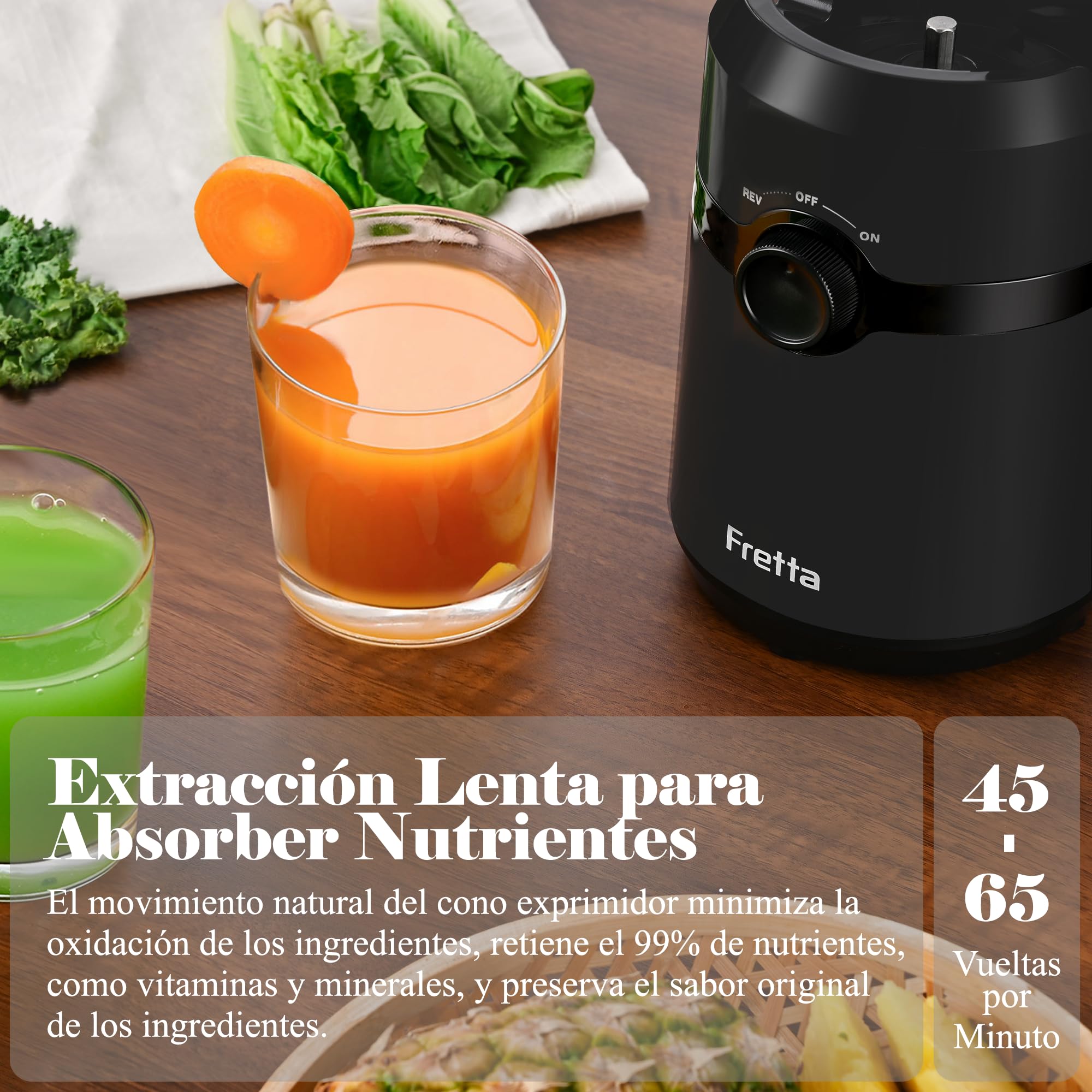 Fretta Extractor de Zumos y Verduras, Apertura de 108MM y Capacidad de 1L, Licuadora Prensado en Frio para Verduras Frutas Enteras, 200W Slow Juicer Machine, Fácil Montaje y Limpieza, Sin BPA (Negro)