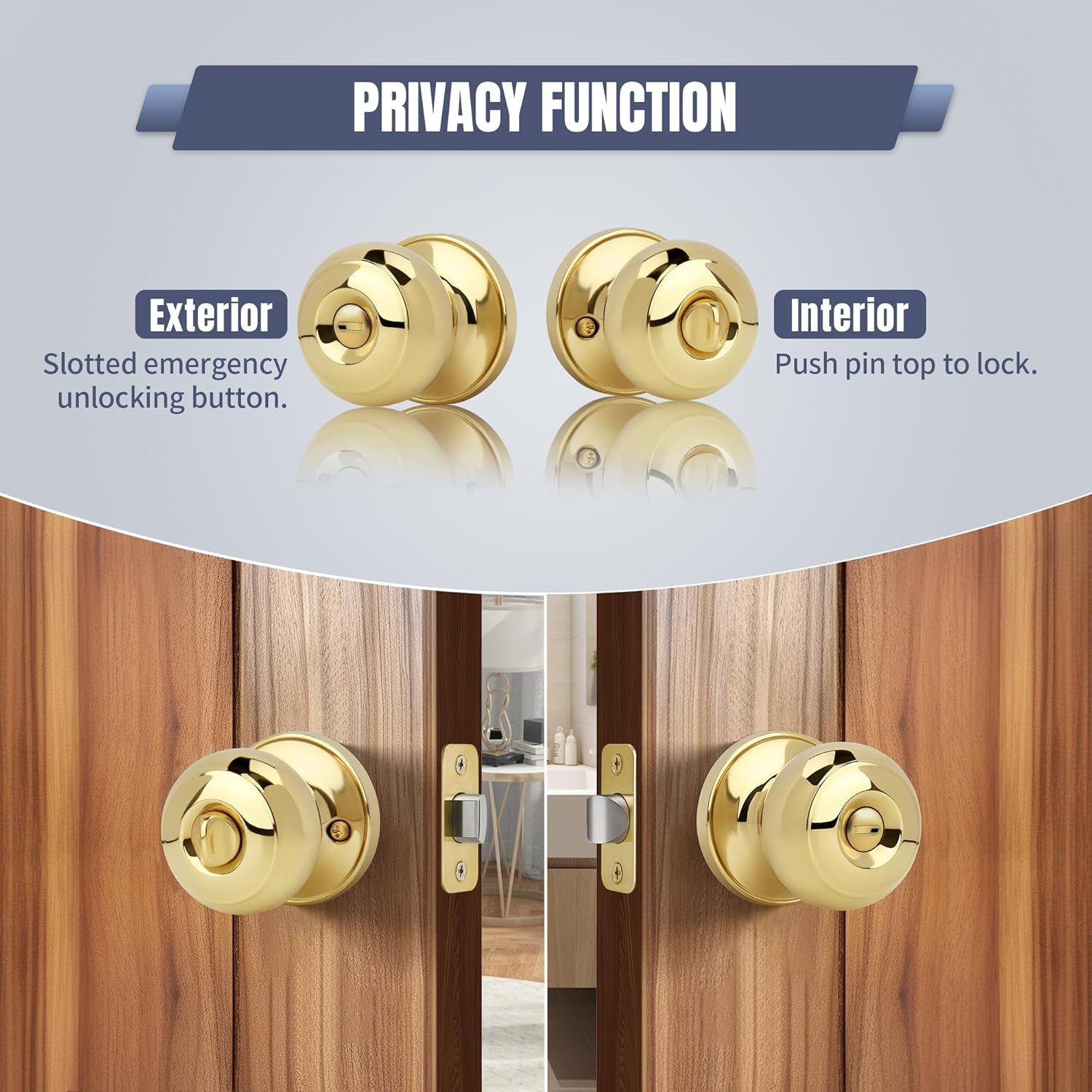 Moquin Gold Privacy Door Knob with Lock, Keyless Interior Flat Ball Door Knob for Bathroom or Closet, Polished Brass