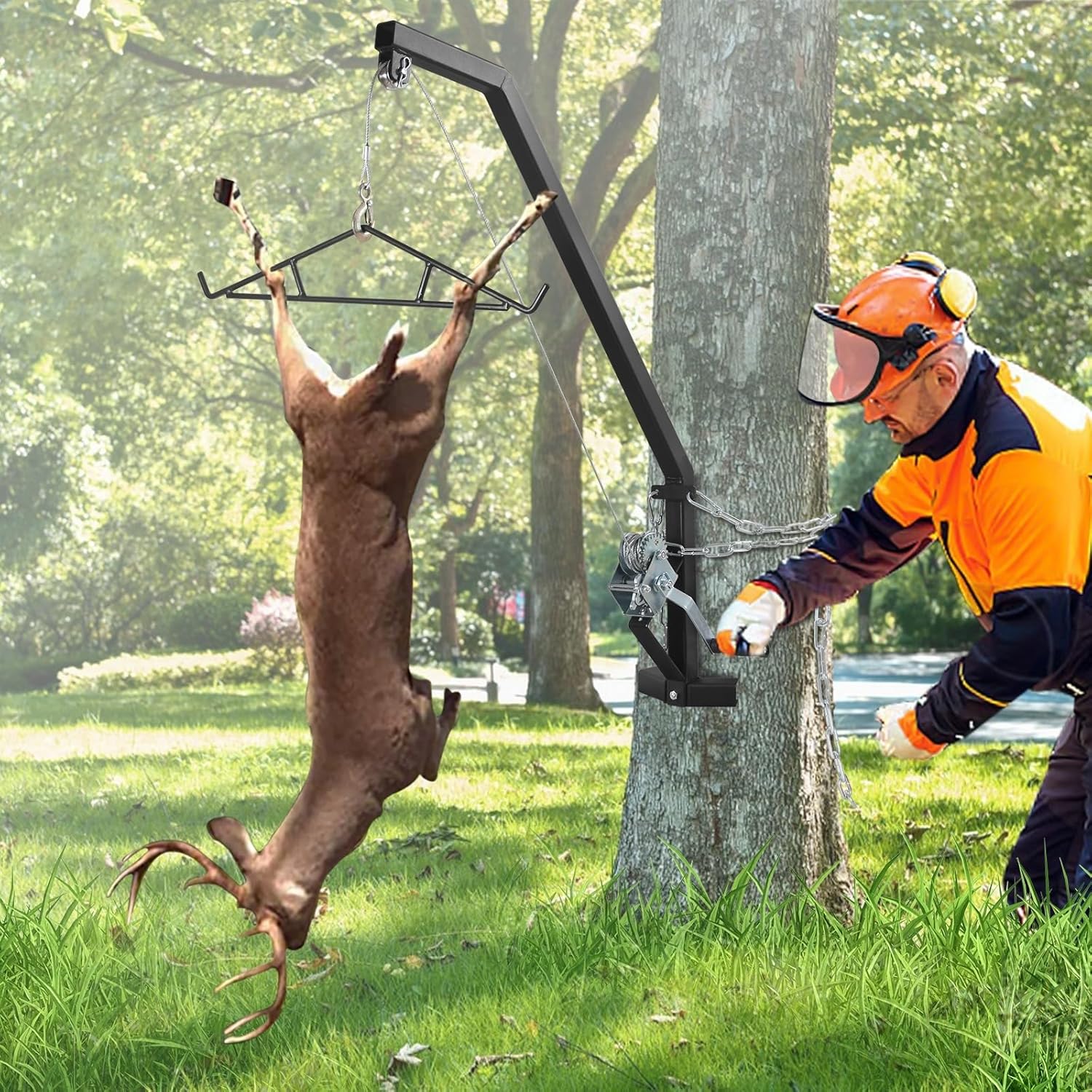 500 LB Tree Mounted Deer Hoist, Heavy Duty Hunting Game Hand Winch Lift for Hunting with Steel Chain and Gambrel for Skinning, Field Dressing, Rust Proof Powder Coated, Black