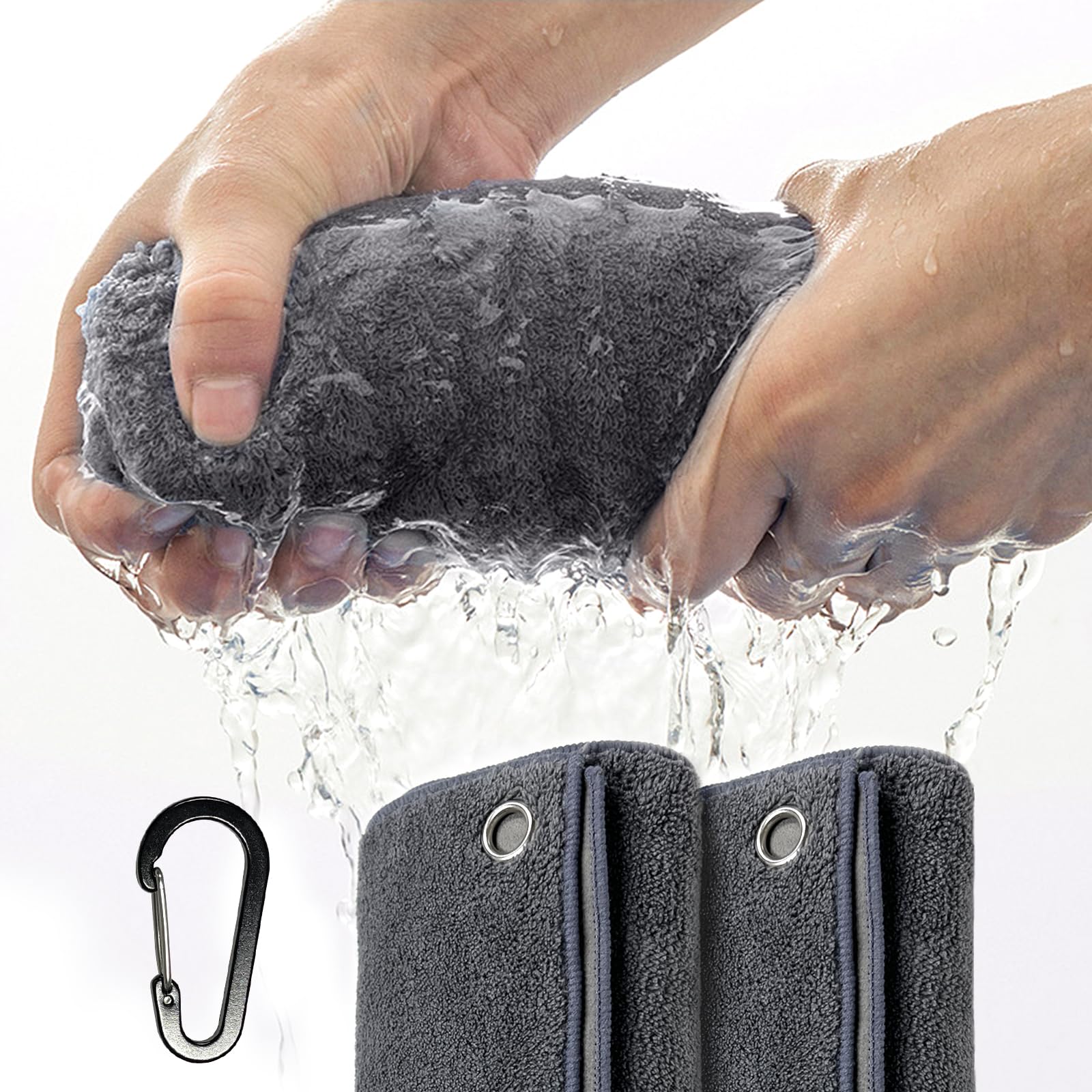 Gismelio Magnetic Golf Towel | Suede Double-Sided Absorbent Coral Velvet Thickened Towel (Gray, 2Pcs Golf Towel with Carabiner Clip)