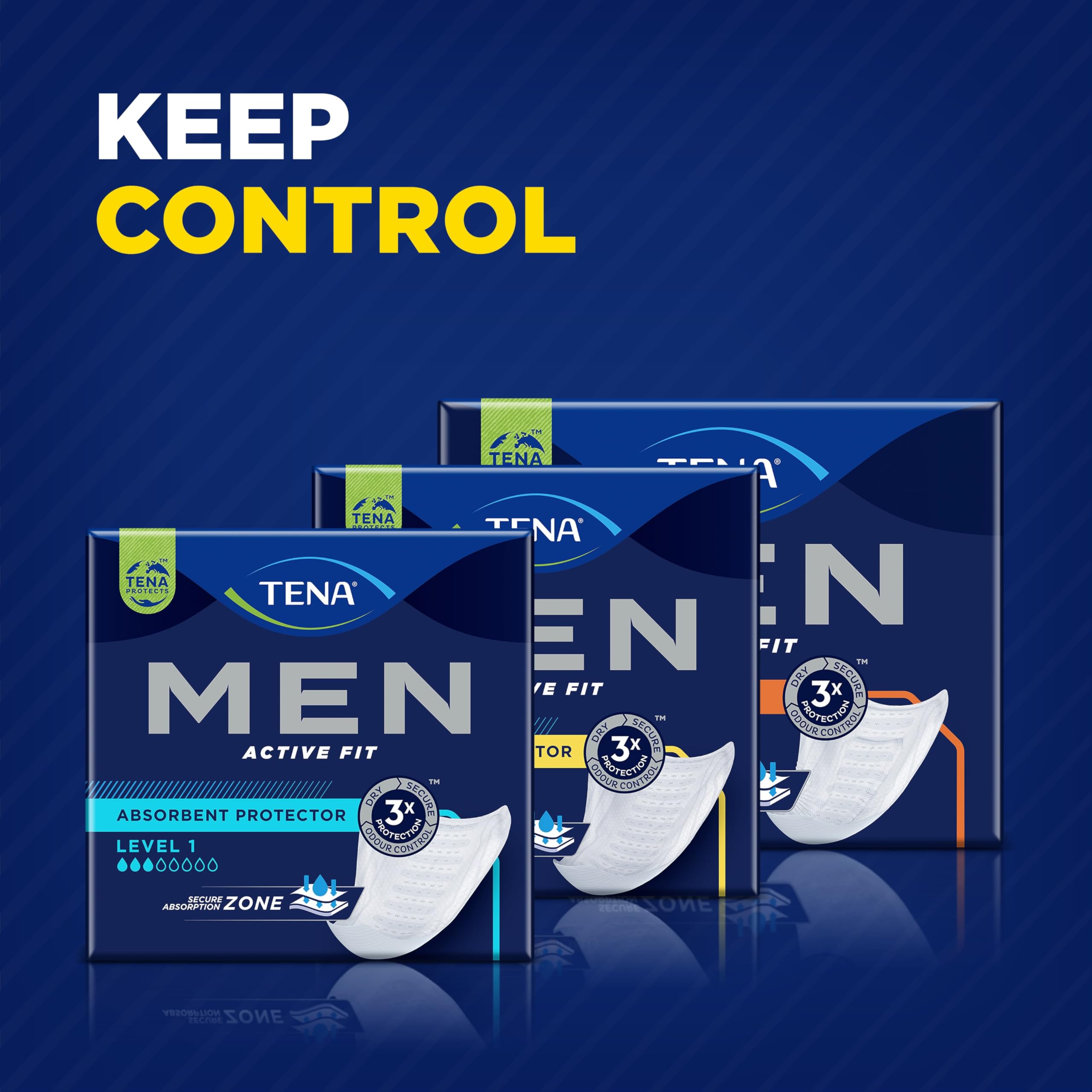 Tena Protector absorbente Active Fit para hombre, nivel 3, 6 paquetes de 16 (96 unidades)