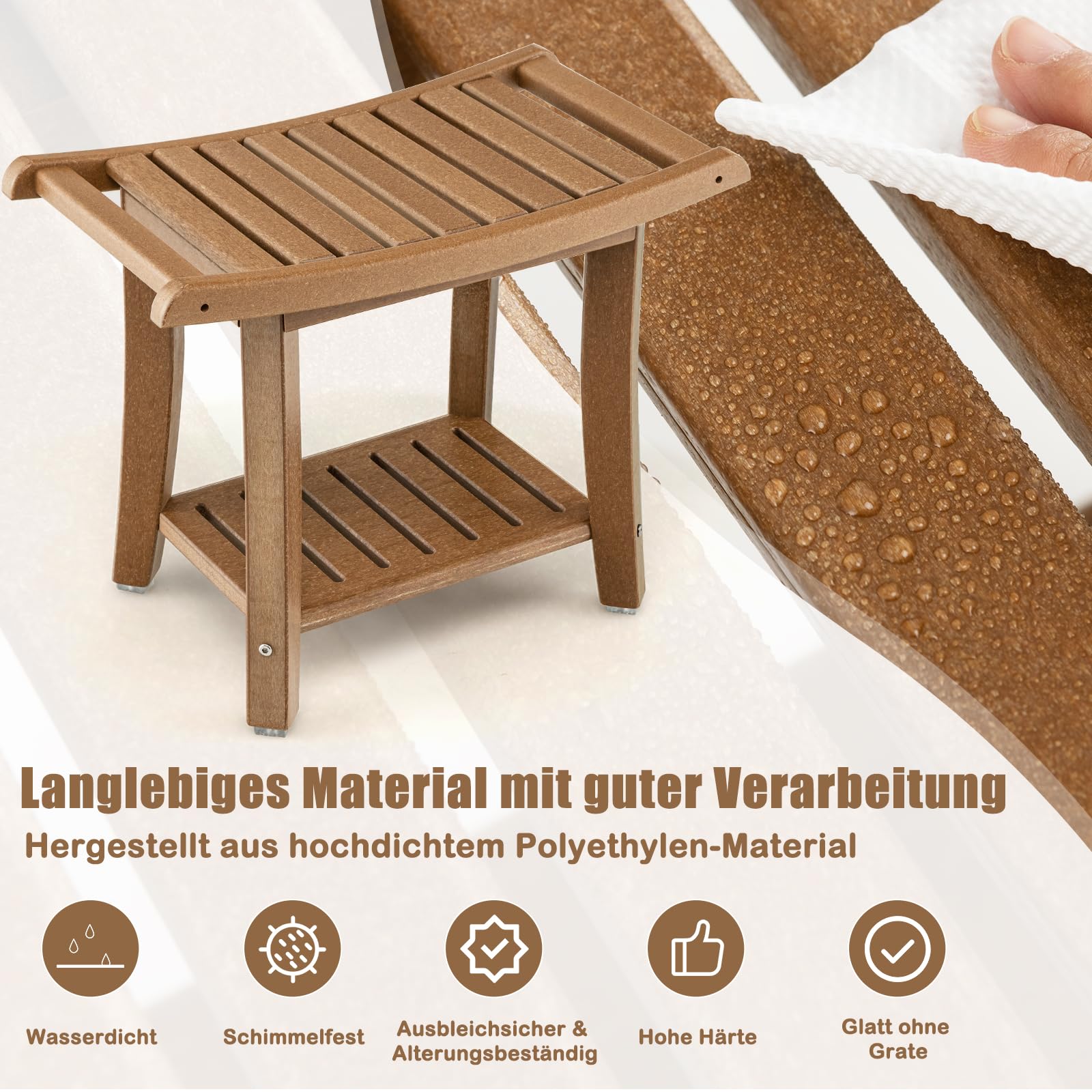 RELAX4LIFE Duschbank, Badezimmerbank mit Ablage Handtuchhalter, Badhocker mit Rutschfesten Füßen, Duschstuhl bis 150kg Belastbar, Duschsitz für Alte Schwangere, 60,5 x 34 x 45 cm (Braun)