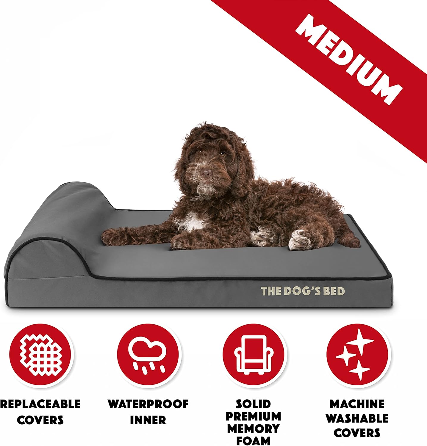 The Dog’s Bed Orthopedic Memory Foam Dog Bed with Headrest, Oxford Fabric,Grey with Black Trim, Medium, 3-Inch