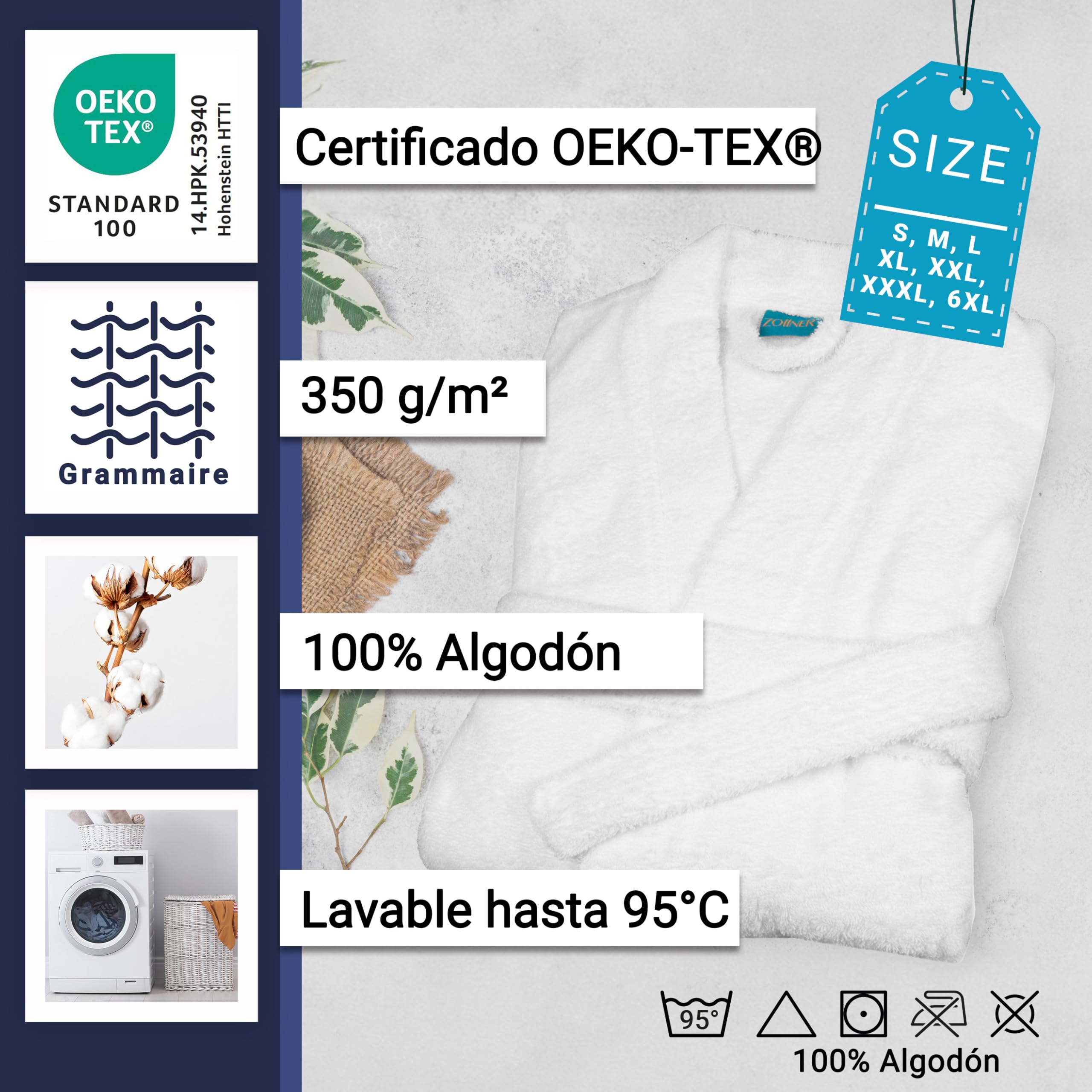 ZOLLNER Albornoz en blanco: agradable al tacto y muy absorbente, para mujer y hombre, algodón, tallas S-6XL, lavable hasta 95 °C, calidad de hotel, certificado Oeko Tex®, 019