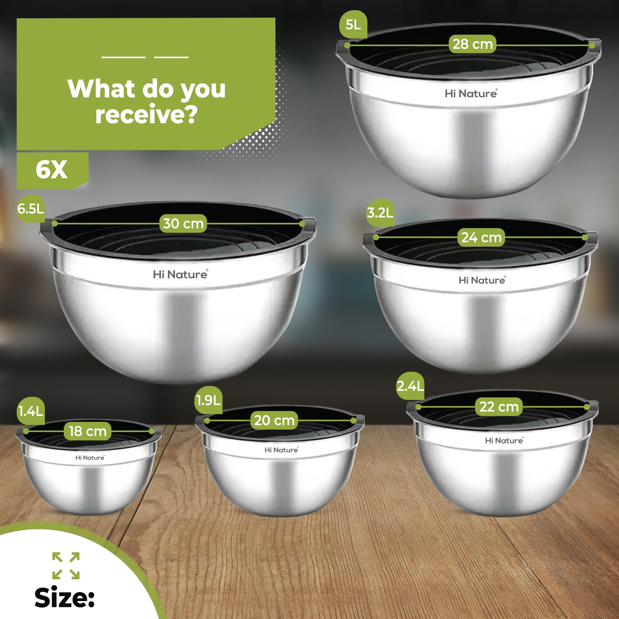 Hi Nature™ Rührschüssel Set mit Deckel Edelstahl – 6-teiliges Edelstahl Rührschüssel Set mit Deckel – Schüsselset rutschfest & stapelbar – Spülmaschinenfest – Schalen 1.4L/1.9L/2.4L/3.2L/5L /6.5L