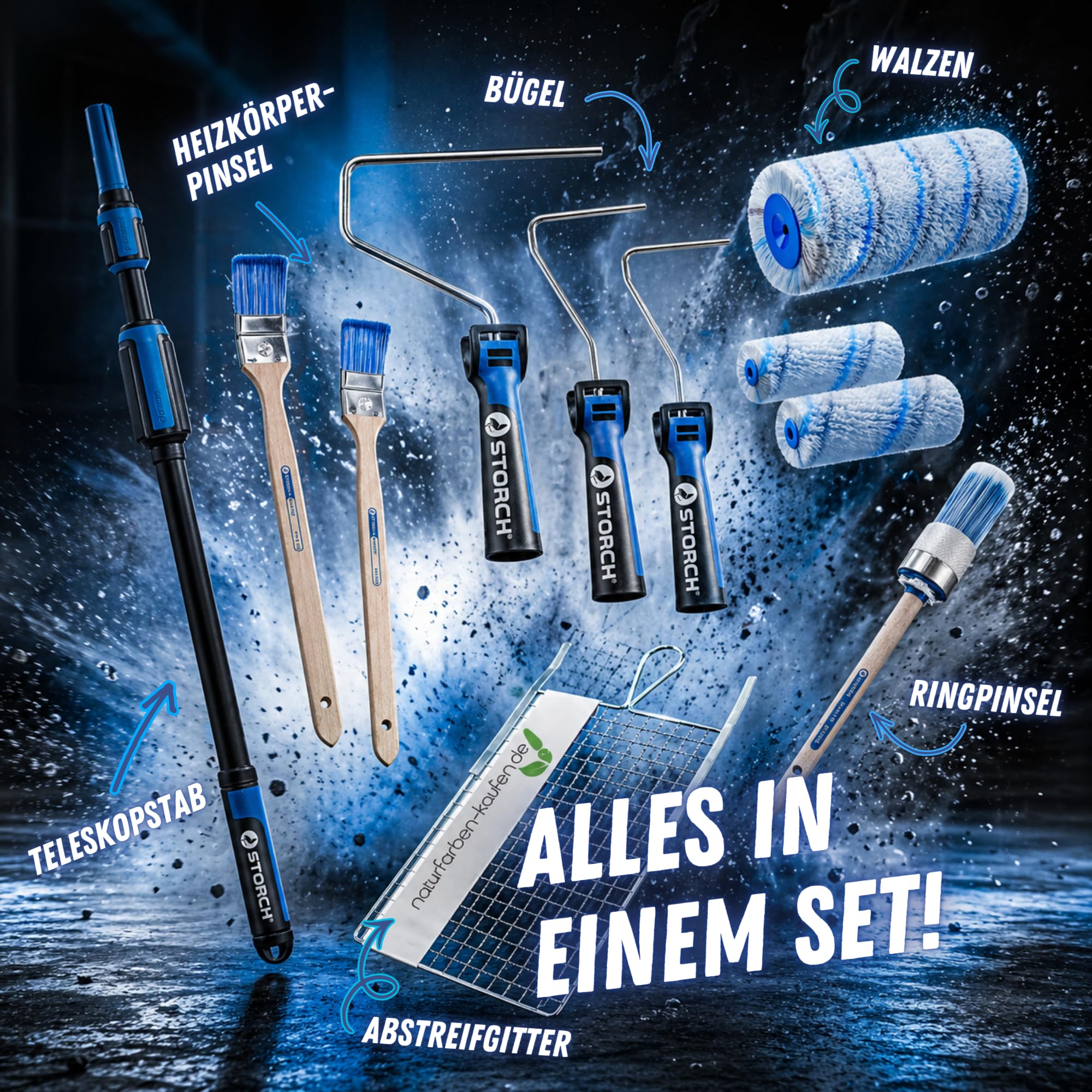 STORCH Profi Malerset 11-TLG. Dispersionsfarbe Silikatfarbe innen, Farbroller Set komplett - SmartCore Farbwalze, Lock-IT Edelstahlbügel, Teleskopstange, Heizkörperpinsel, Ringpinsel, Abstreifgitter
