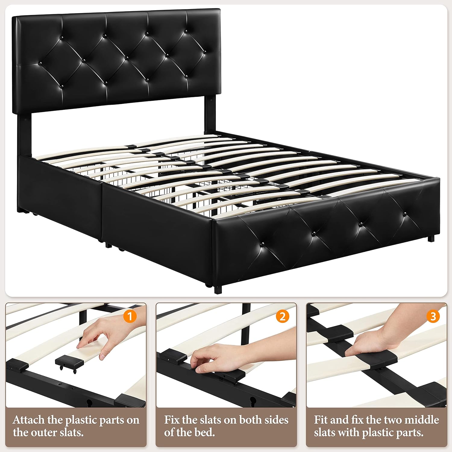 Yaheetech Upholstered Bed Frame with 4 Storage Drawers and Adjustable Headboard, Faux Leather Platform Bed Frame with Mattress Foundation, Strong Wooden Slats Support, No Box Spring Needed, Black-Full