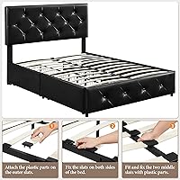 Vista 4 de Yaheetech Base de cama tapizada con 4 cajones de almacenamiento y cabecera ajustable, plataforma de piel sintética con base de colchón, fuerte