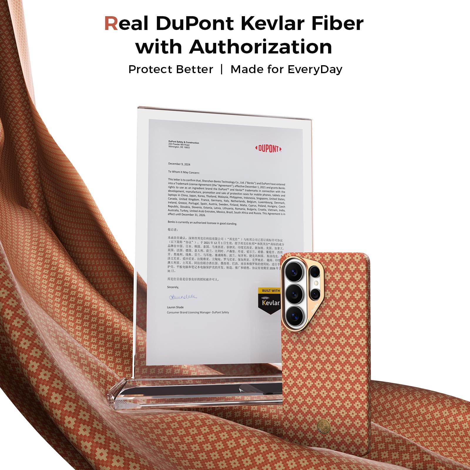 BENKS Etui do Samsung Galaxy S26 Ultra – Kevlar® Case kompatybilne z MagSafe, ultracienkie i lekkie, tkane włókno aramidowe z aluminiową ochroną aparatu, ArmorGrid Air Fortune pomarańczowe