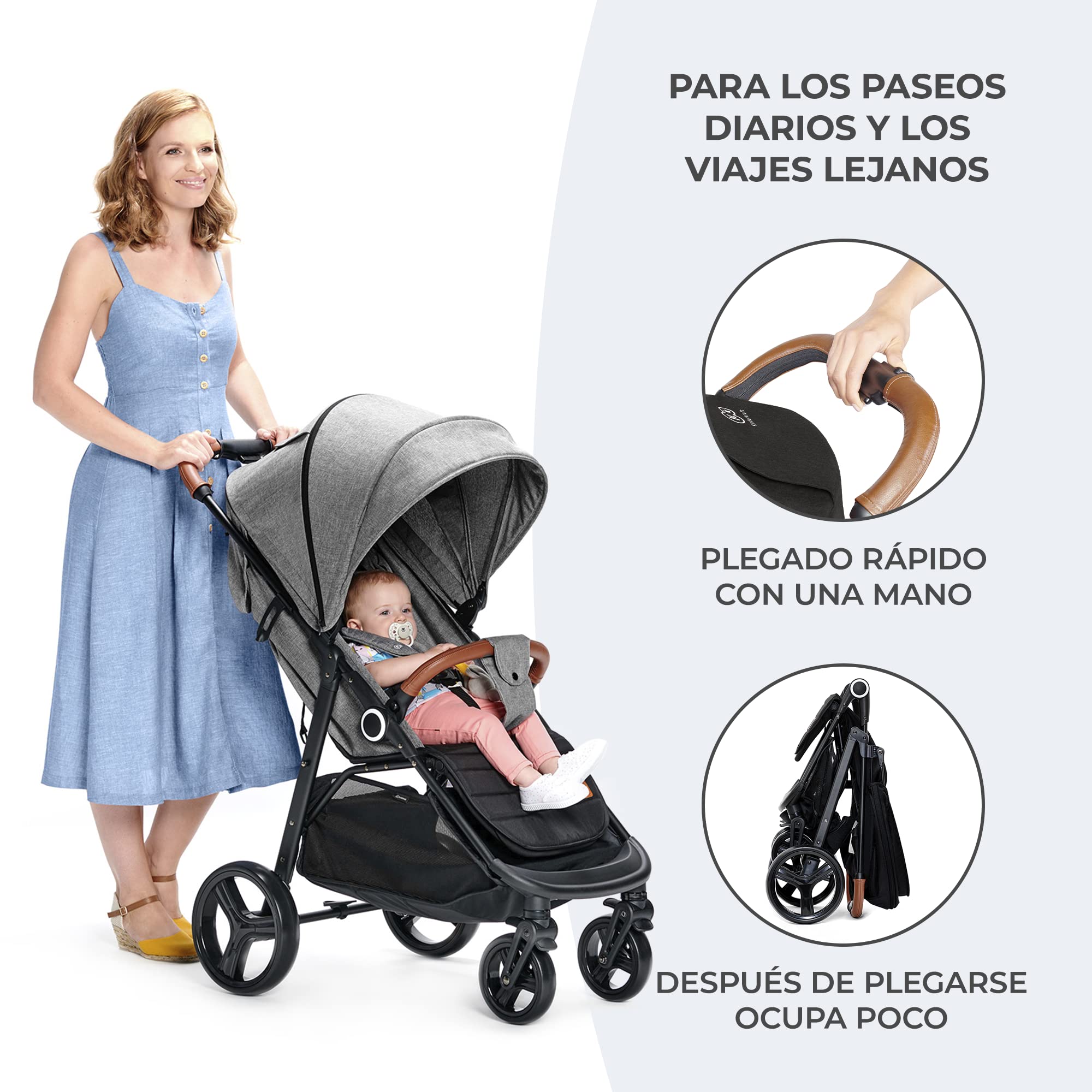 kk Kinderkraft GRANDE PLUS Silla de Paseo ligera desde Nacimiento hasta 22 kg, Plegado con una sola mano, Posición tumbada, Suspensión de todas ruedas, Capota grande XL, Negro