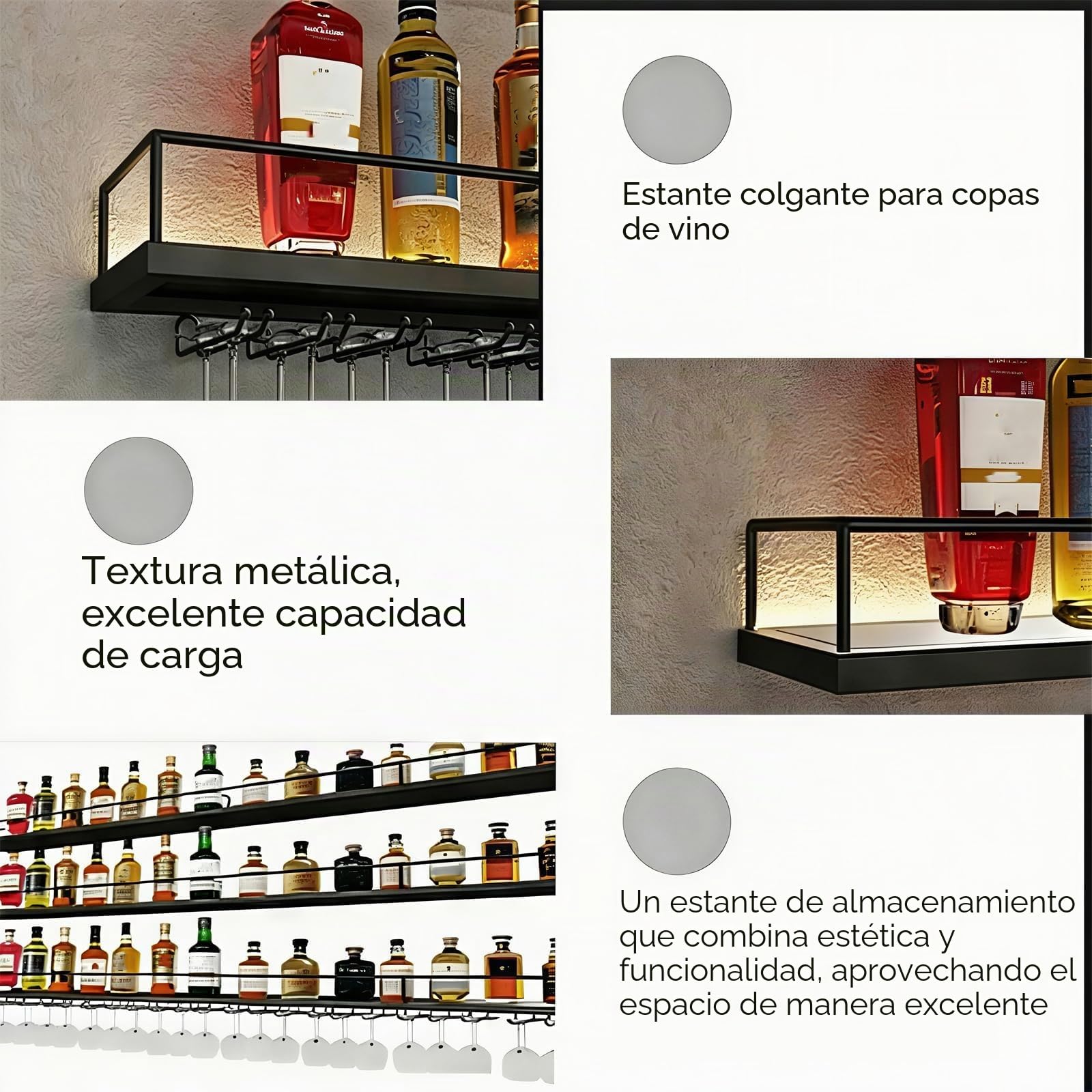 Botellero de Pared Industrial con Luz LED, Estante de Vino de Metal 3 Niveles con Portavasos, Multifuncional, Negro/Dorado, Varios Tamaños para Cocina, Bar, Cafetería (Negro, 140CM)