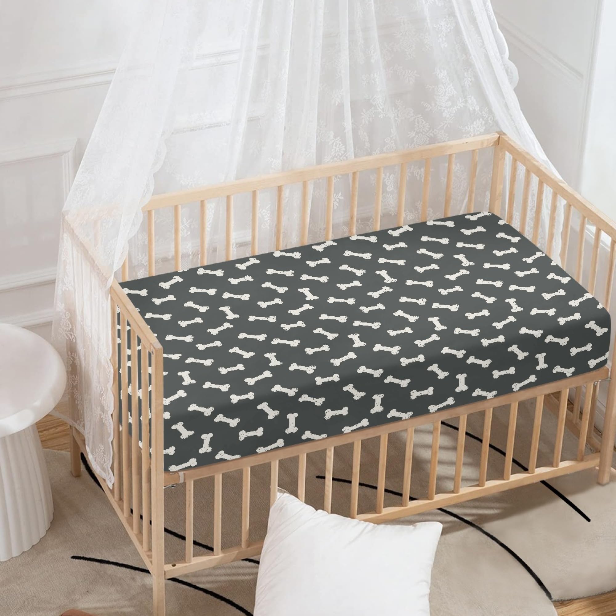 QINBEIDU Dog Bone Themed Fitted Crib Sheet Black and White Standard Crib Mattress Fitted Sheet Doodle Food Bones Baby Toddler Bed Mattress Sheets for Boys Girls 28