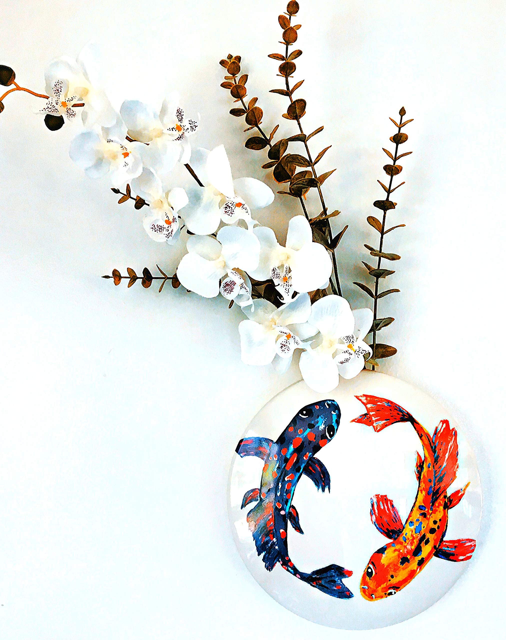White Ceramic Koi Wall Vase Wall Art Bathroom Wall Decor Bedroom Wall Decor Wall Planters with Koi Fish Hand Painted Design for Decorative Flower Display, Fake Plants Size 9 Inch