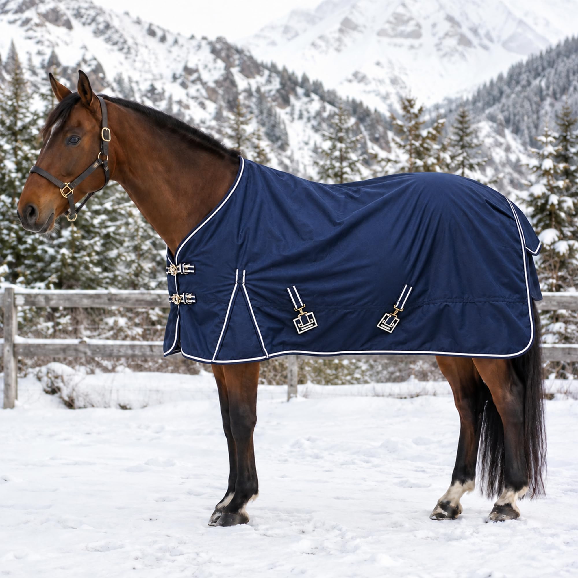 Equitack 600D Turnout Rug for Horses with Standard Neck, 5’6” | 50g Lightweight Winter Horse Rug | Waterproof Outdoor Horse Turnout Rug with Nylon Lining & Adjustable Leg Straps | Navy/White Binding — image 1