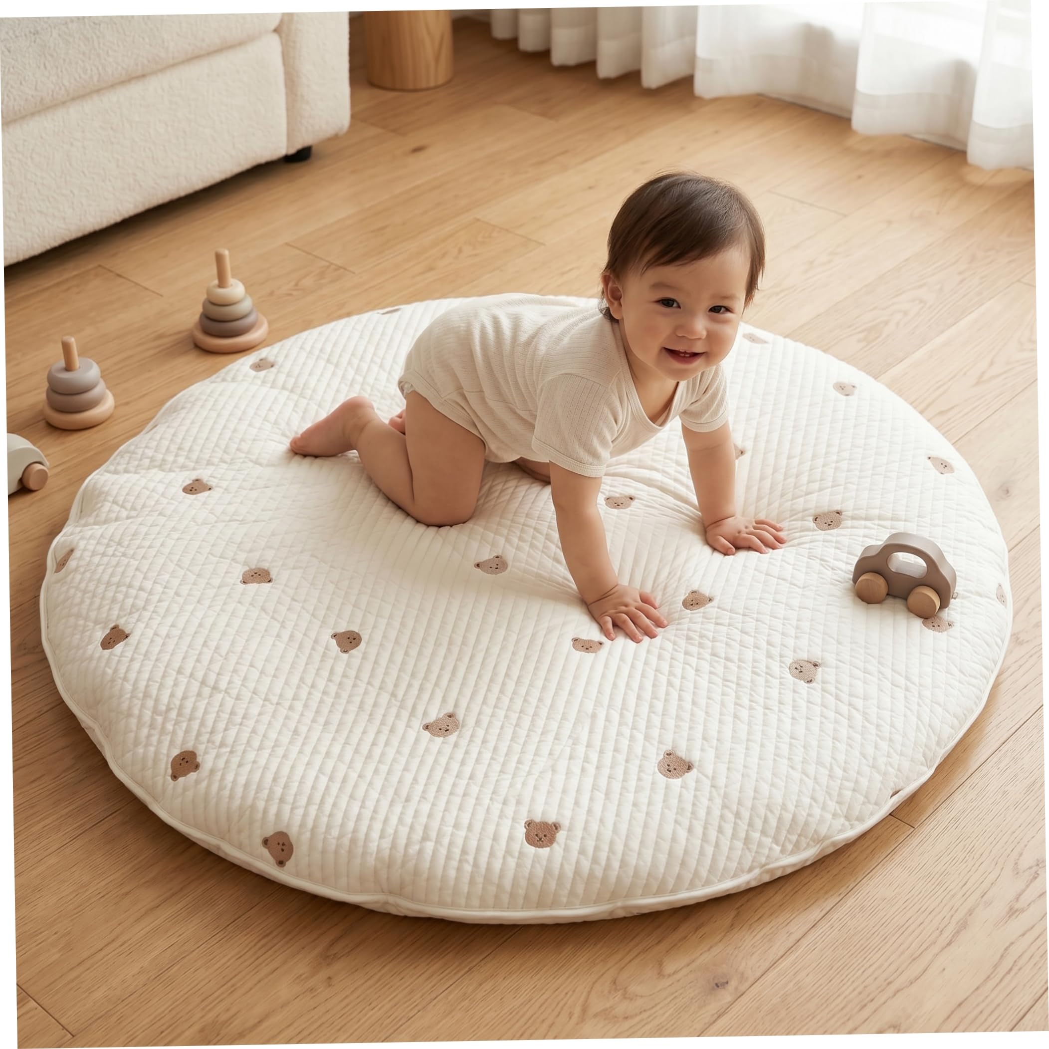 Faticenic Round Baby Play Mat, Thickened Cushion Crawling Mat With Bear & Rabbit Embroidery, Detachable Washable Nursery Rug, Crawling, Garden Décor