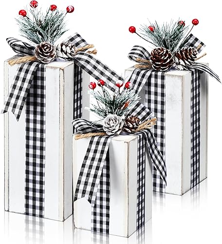 Miniatura 7 de Amyhill 3 piezas de regalos de Navidad en madera Caja de decoración de tartán de Navidad Centros de mesa de regalos de madera rústica Bandeja