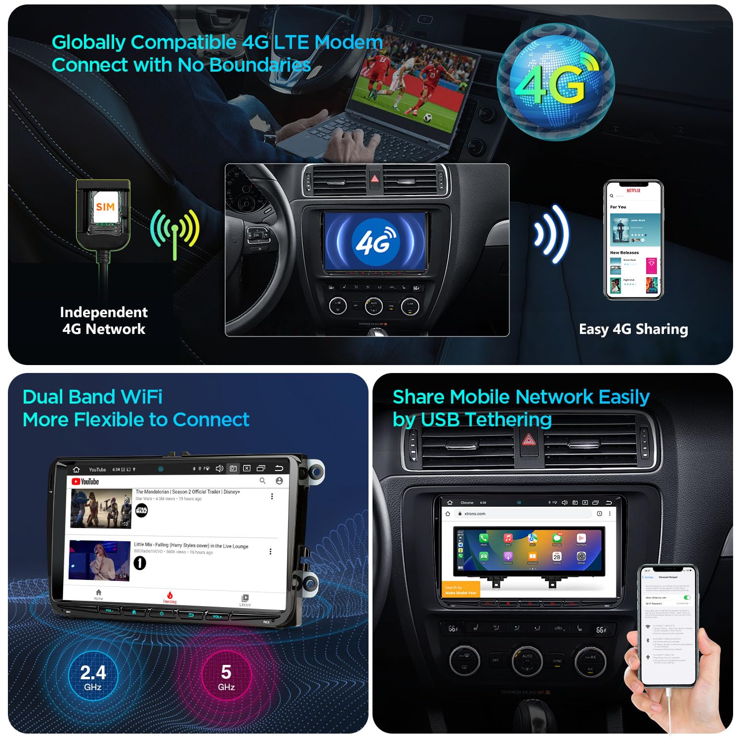 XTRONS Android 14 Autoradio für VW Skoda SEAT 9 Zoll IPS HD Bildschirm Octa Core 4+64GB Eingebautes 4G LTE DAB+ WLAN GPS Bluetooth 5.0 Car Play Android Auto AKM DSP Optional OBD DVR TPMS