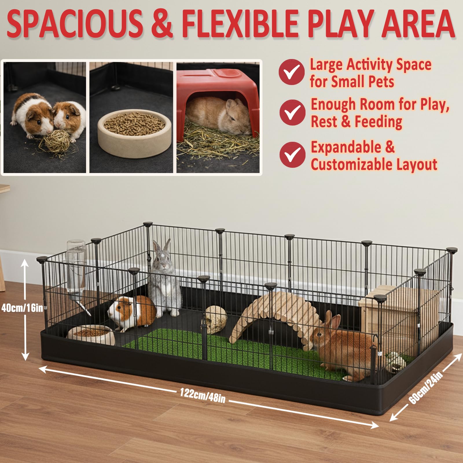 Kleintiergehege Innen & Außen 122*60*40cm – Freigehege für Meerschweinchen & Kaninchen, Stabil & Erweiterbar, Mit Wasserdichter Bodenmatte, Sicher & Einfach aufzubauen