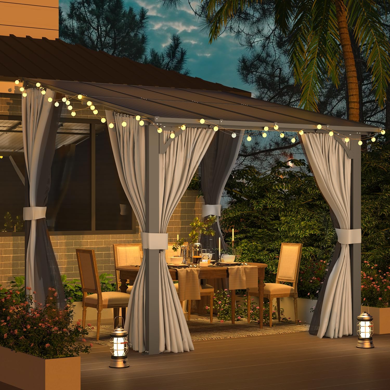 AECOJOY 8x8 Gazebo set up on a patio at night with string lights