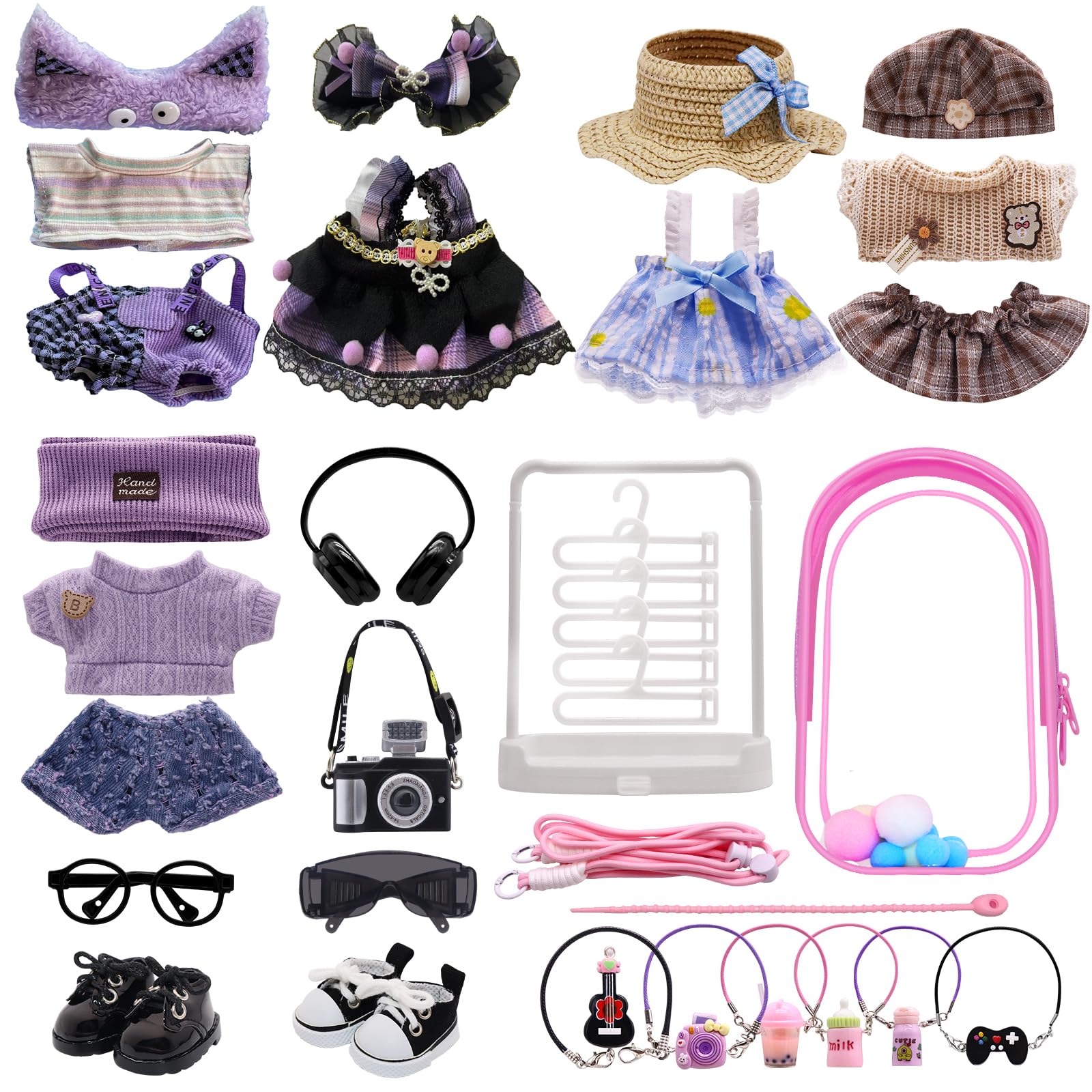 Clothes for Labubu, 23-piece Clothes and Accessories Set Designed for Labubu Doll Clothes, Includes Display Bag, Clothes Rack, Headphones, Camera,