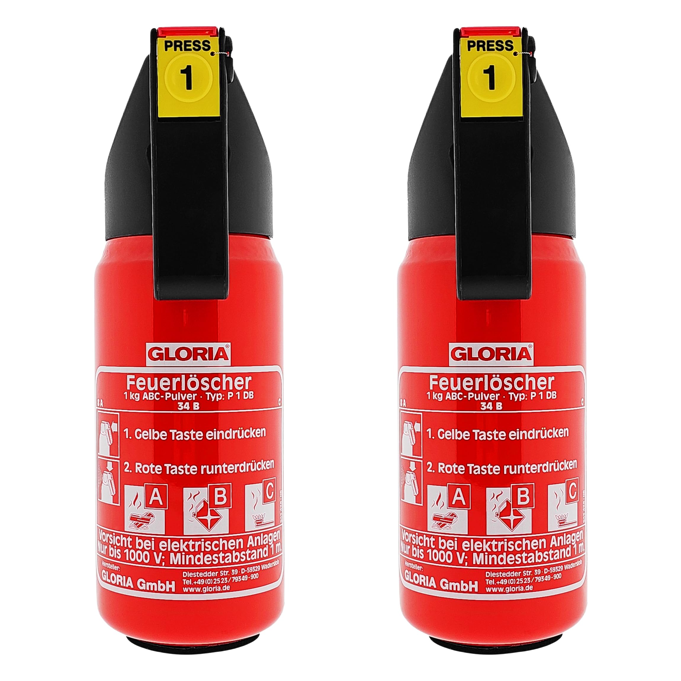2X Gloria KFZ Auto-Pulverlöscher P1DB, 1kg Brandklasse ABC Halterung u. Plakette