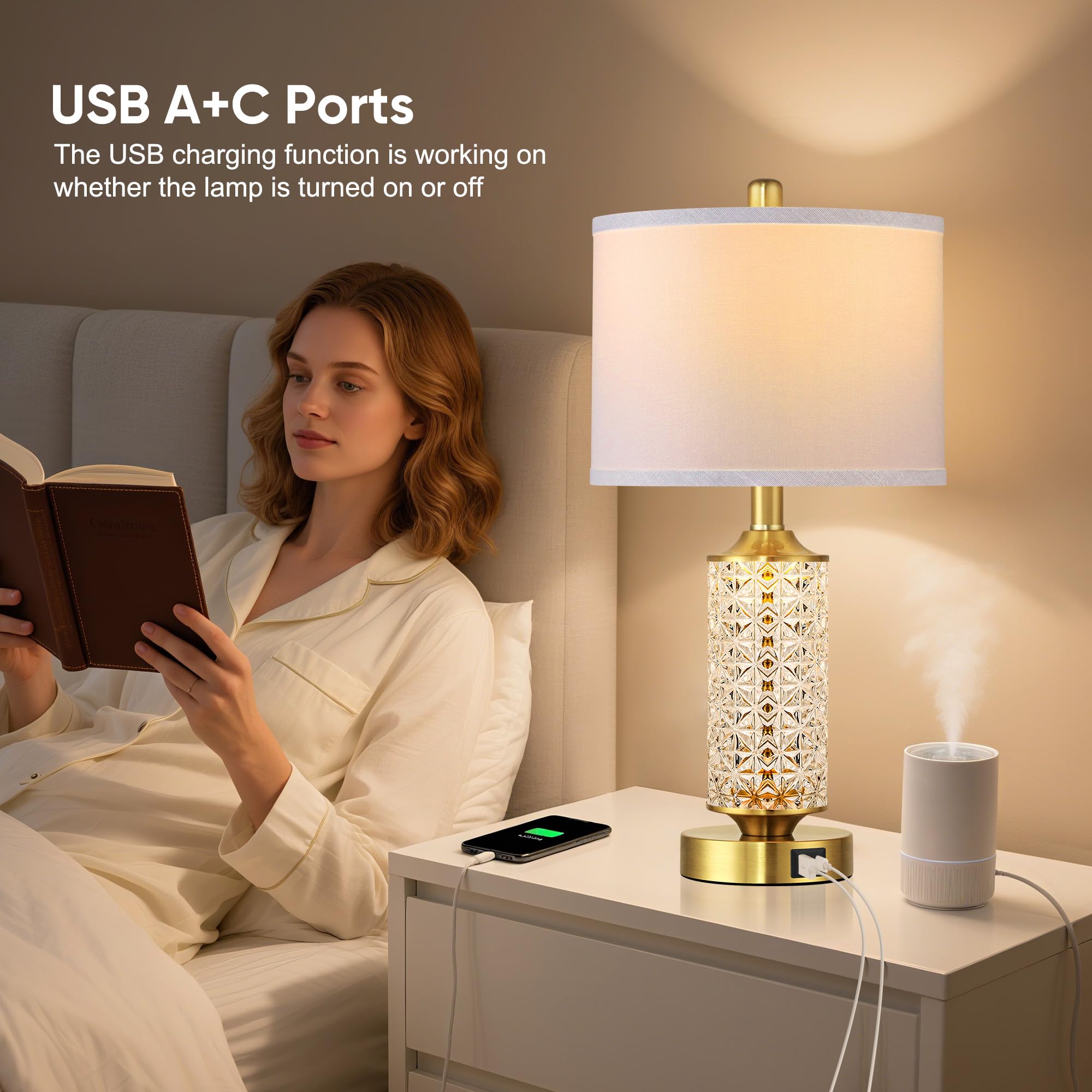 2er Set Tischlampen mit USB-Anschlüssen, Moderne Nachttischlampe mit LED-Nachtlicht, Nachttischlampe für Schlafzimmer, Nachttischlampen für Wohnzimmer Büro (Gold)(2 Leuchtmittel enthalten)
