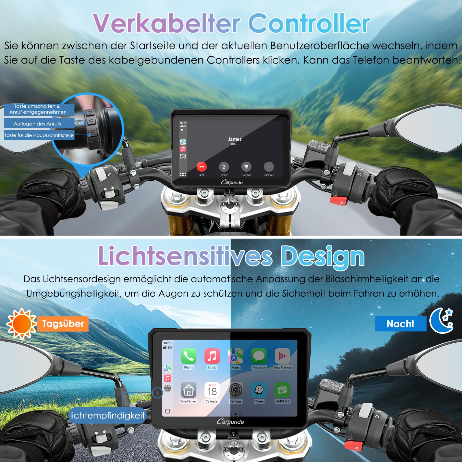 W702S Pro Motorrad Carplay Bildschirm mit BM05 Halterung für Plug-and-Play, Kabellos CarPlay & Android Auto, 7" Wasserfest Touchscreen, Intercom-Funktion, Dual Bluetooth, Verdrahtet Controller, Navi.