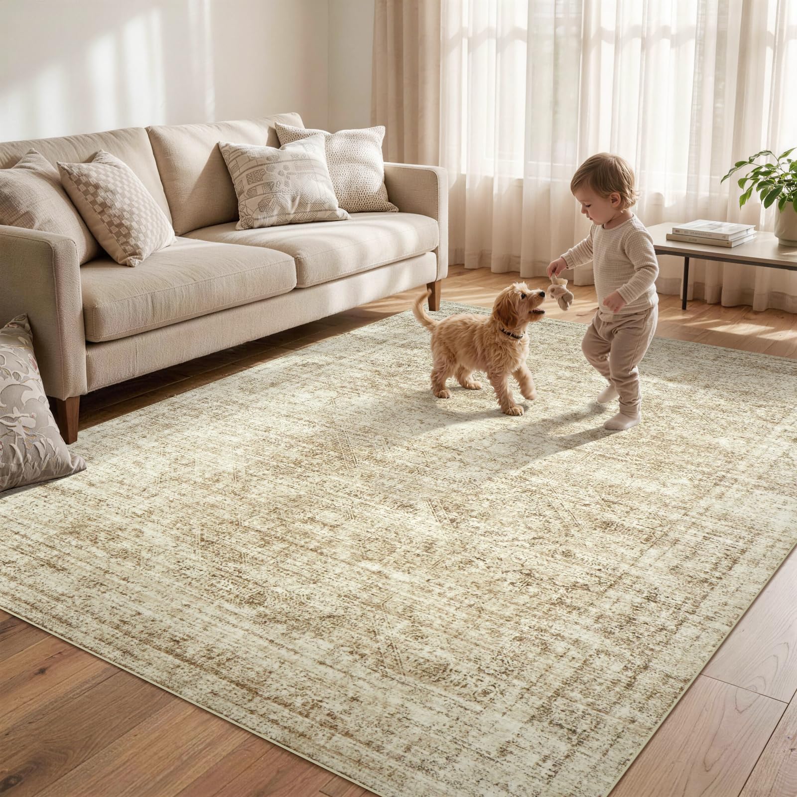 Photo 1 of 5x7 Vintage Boho Area Rug, Beige Distressed Faux Cashmere Low Pile Carpet, Non Slip, Stain Resistant, Non Shedding, Foldable, Machine Washable Rug for Living Room, Bedroom, Dining Room, Home Office
