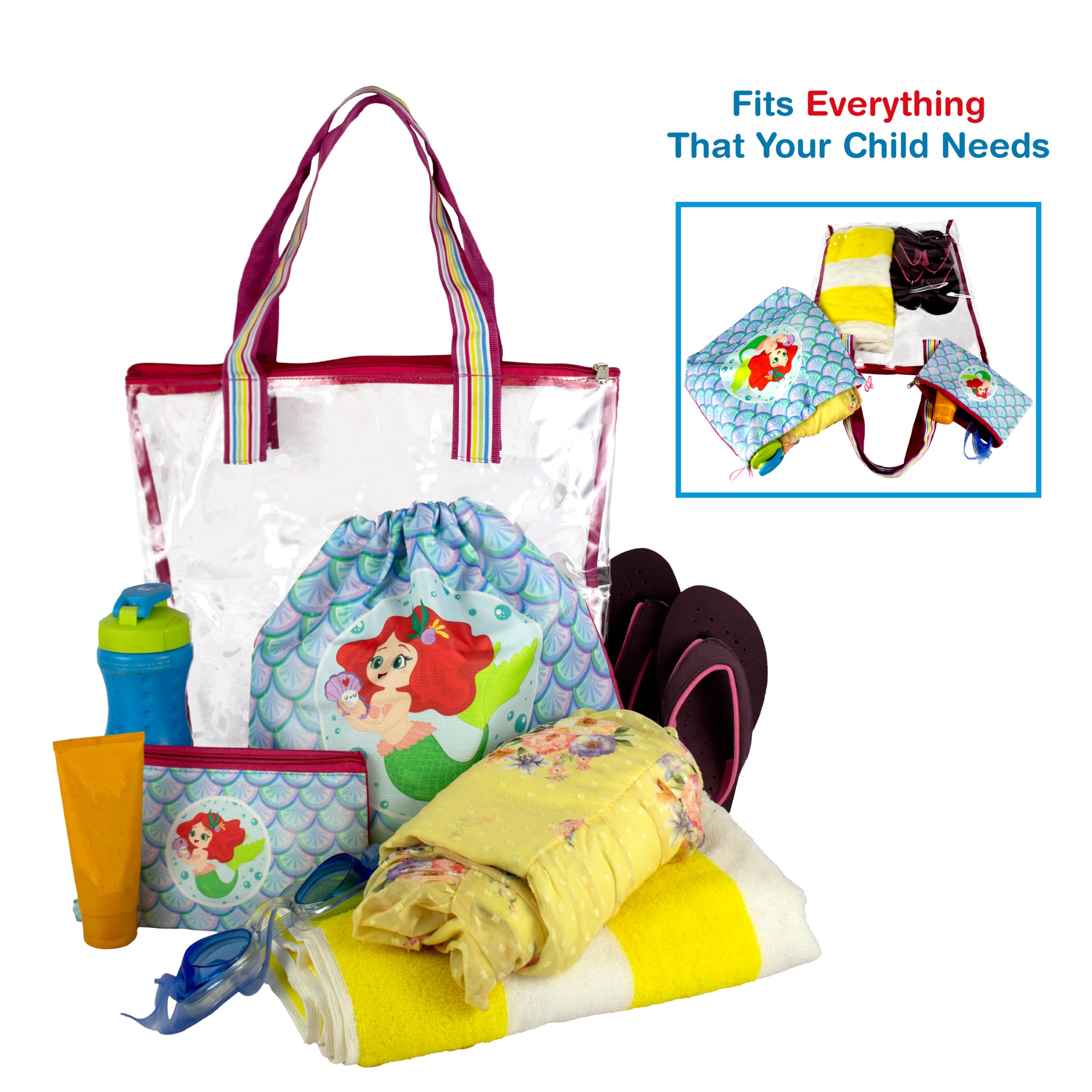The Rosette Imprint 3-in-1 Waterproof Swim Bag Set for Kids - Tote with Wet & Dry Compartments and Pouch - Pool Bag for Boys & Girls - Mermaid Design 1