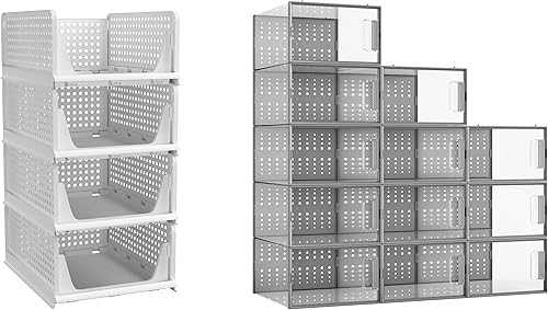 Pinkpum Cesta de almacenamiento apilable, paquete de 4 cajones + organizador de zapatos Pinkpum cajas de almacenamiento transparentes para tamaño 11