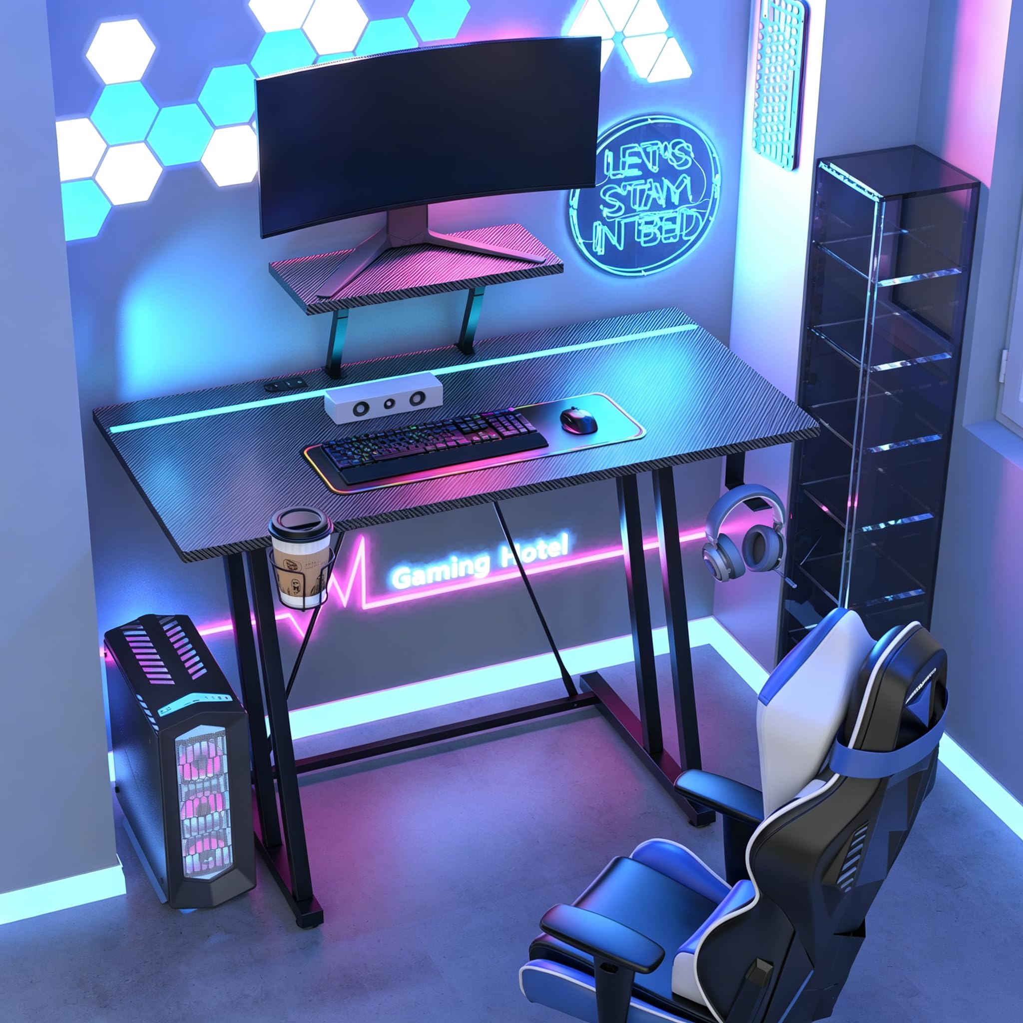 Bureau Gaming LED, Table Gaming avec Prise Electrique, 2 Prises CA, 2 Ports USB, Table Gamer Ergonomique, avec Support de Moniteur