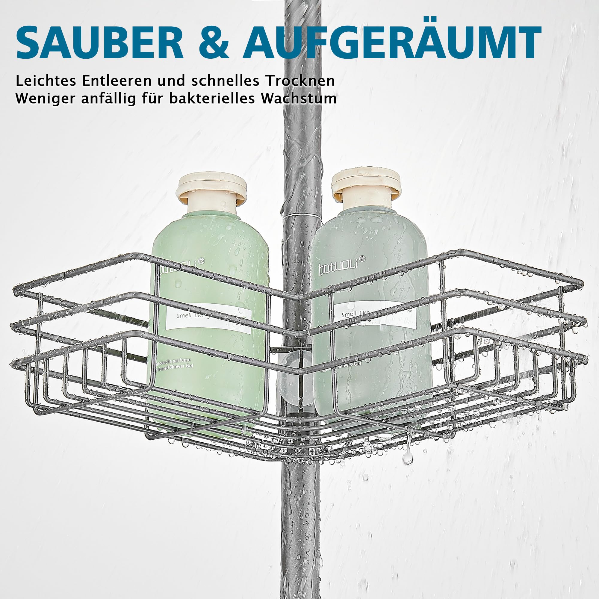 Duschablage ohne Bohren Teleskop Duschregal Metall Eckregal Badregal mit 4 Duschkörben, Höhenverstellbar 85-325cm, geeignet für Badewanne Badezimmer und Küche, Grau