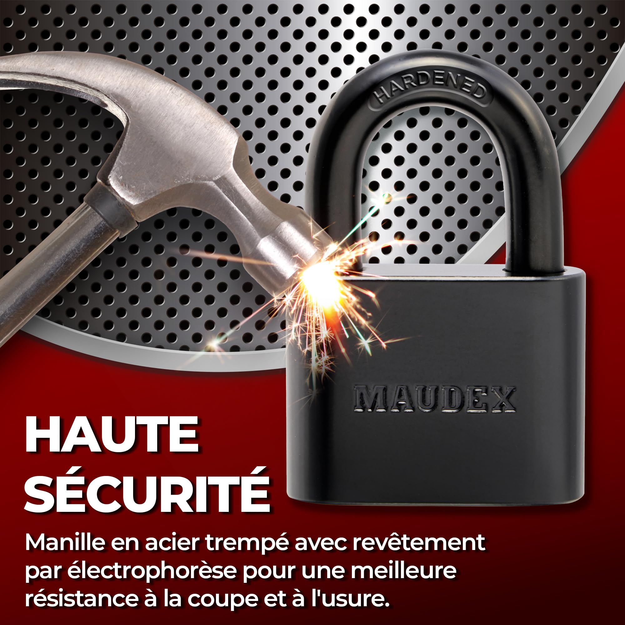 Maudex® PBK50 Cadenas Extérieur avec 5 Clés - Anse 10 mm Anse Résistante aux Coupures, Grand Corps Inox Étanche | Antivol de Qualité Résistant aux Intempéries pour Portail
