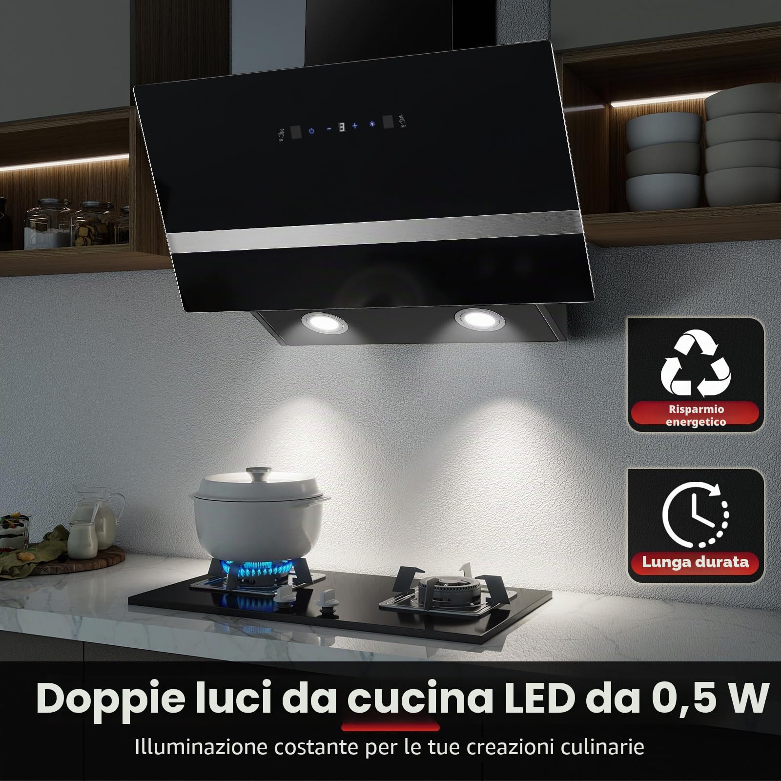 SNDOAS Cappa Aspirante 60 cm, 450 m³/h, Controllo Touch e a Gesti, A+++ | Cappa da Cucina Inclinata con Scarico/Ricircolo, 3 Velocità + Modalità Boost, Silenziosa, LED, Vetro Nero