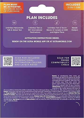 Miniatura 6 de $49mes. Plan telefónico prepago Ultra Mobile con llamadas, mensajes de texto y datos ilimitados durante 1 mes (kit de tarjeta SIM 3 en 1)