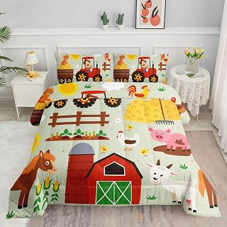 Kids Comforter Set Farm Theme Printed Pattern Bedding Set with 1 Comforter and 2 Pillowcases for Girls Boys Bedroom All Season(Farm Theme02 Queen)