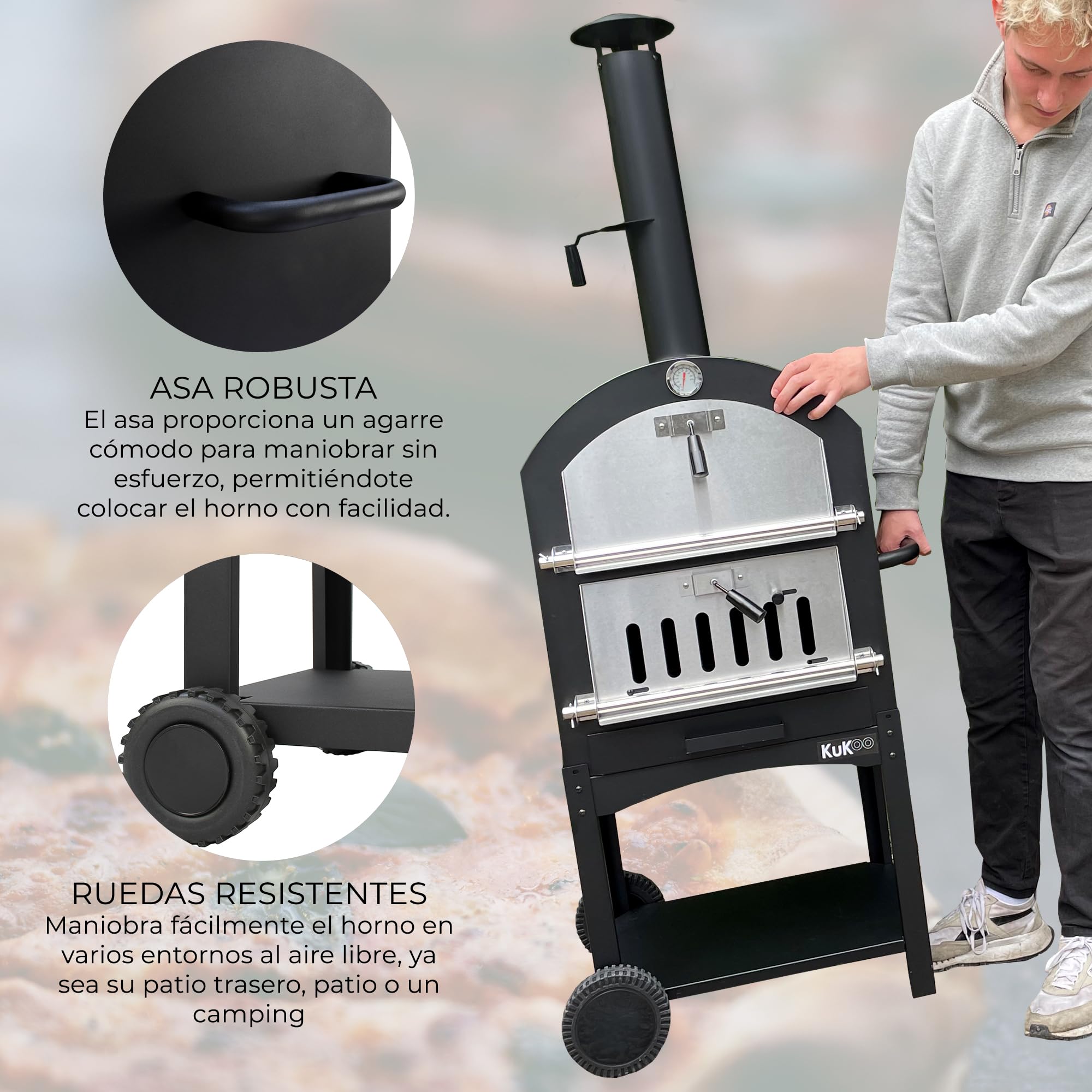 Horno Pizza Carbón Portátil Exterior Profesional Comercial Máquina de Cocinar Hacer Pizza Barbacoa BBQ Pizza Oven Ahumador Parrilla Grill Ahumar Carne Pescado Verduras con Pala Cortador+Piedra GRATIS