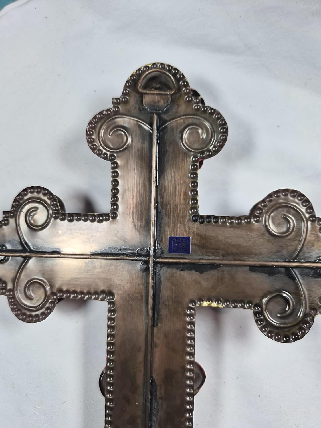 Metal Cross Wall Decor with Red Heart and Flowers, Bronze Finish, 12x9 Inches, Religious Home Accent