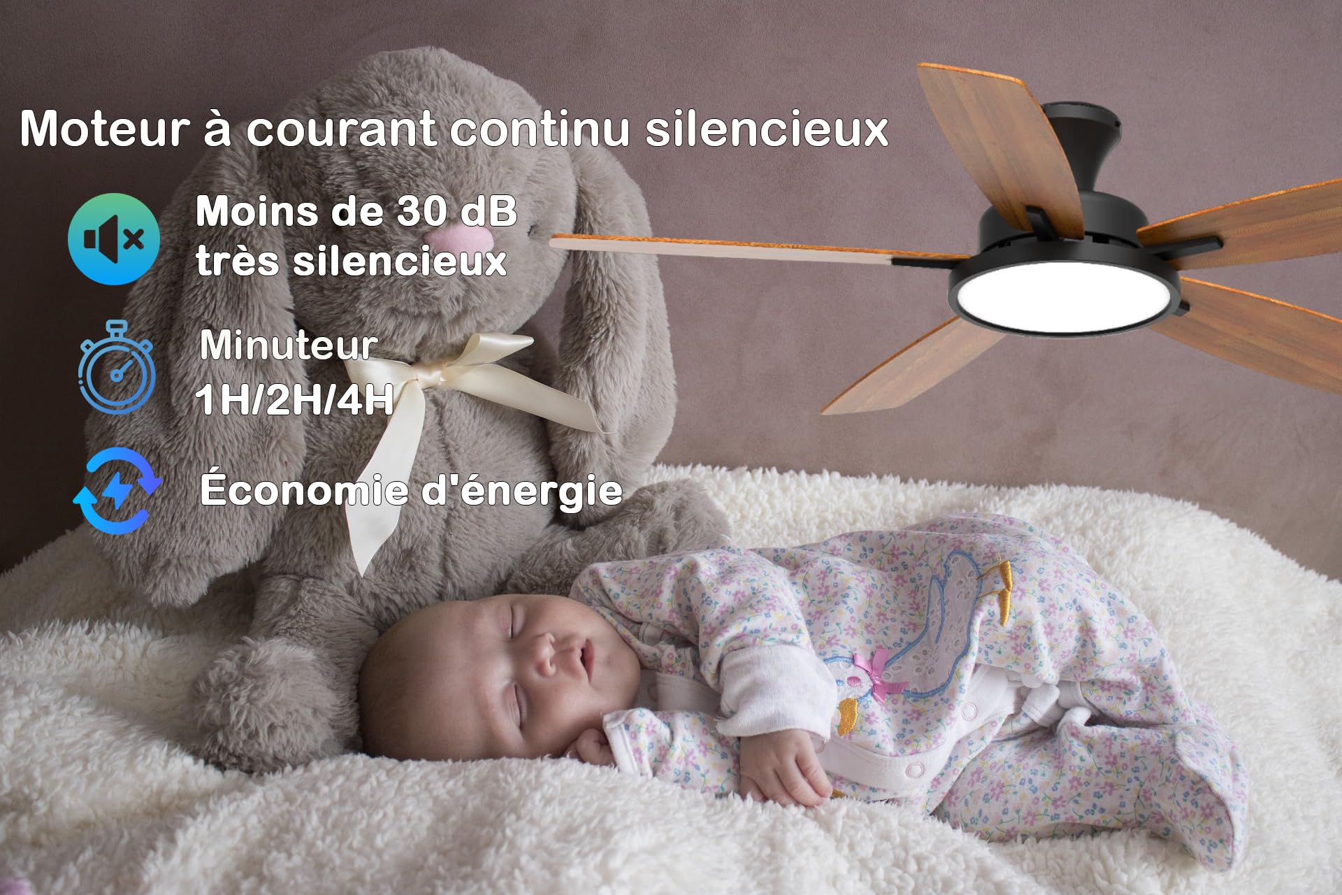 Ventilateur de plafond 132 cm avec lumière LED, moteur DC silencieux, 6 vitesses, trois options de couleur et lumière réglable, finition noire, télécommande pour chambre à coucher, salon