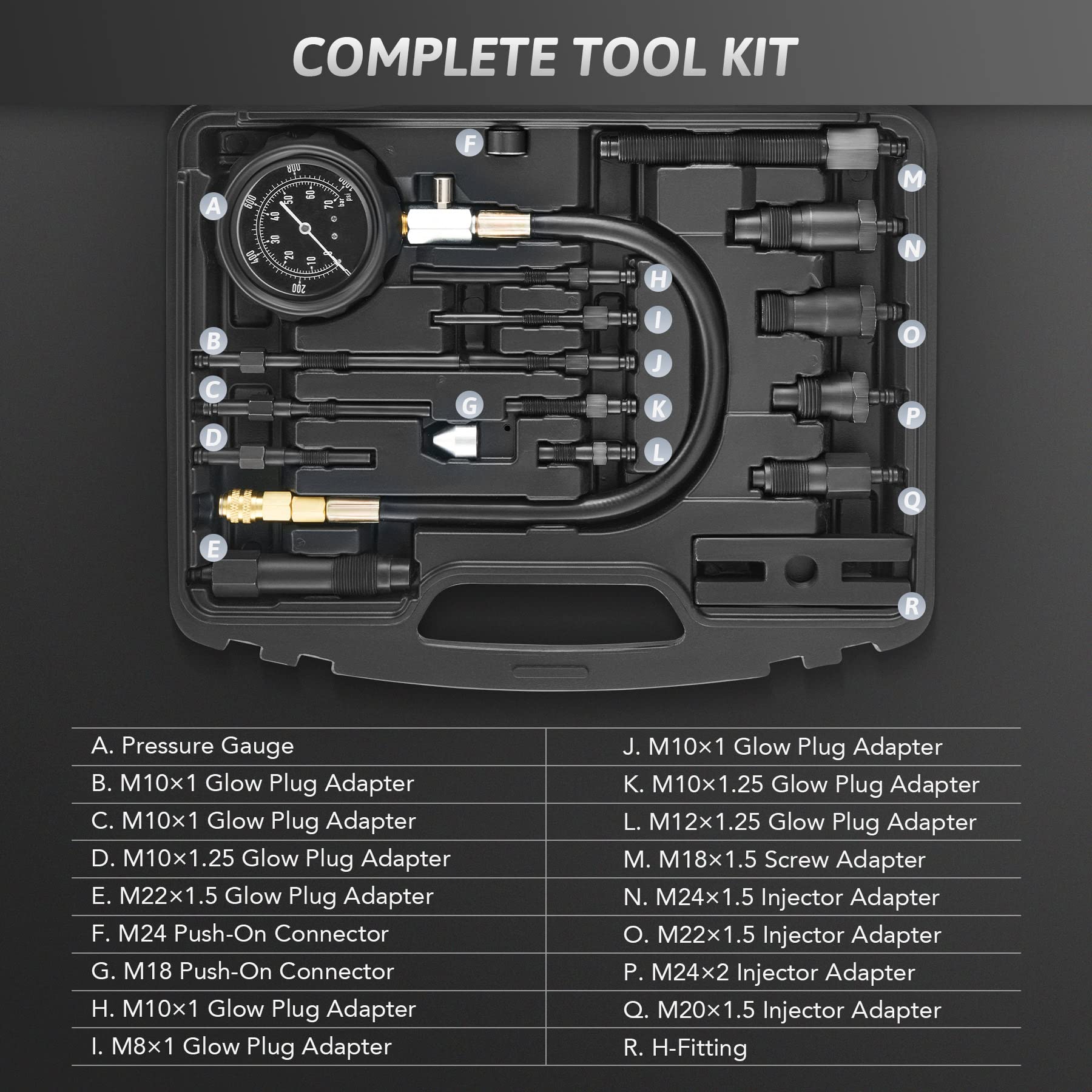 OMT Diesel Engine Compression Tester, 18pc Diesel Compression Tester with 0-1000 psi Diesel Fuel Pressure Gauge Adapters, Diesel Injector Tester Diesel Pressure Tester Kit Universal Diesel Engine Tool
