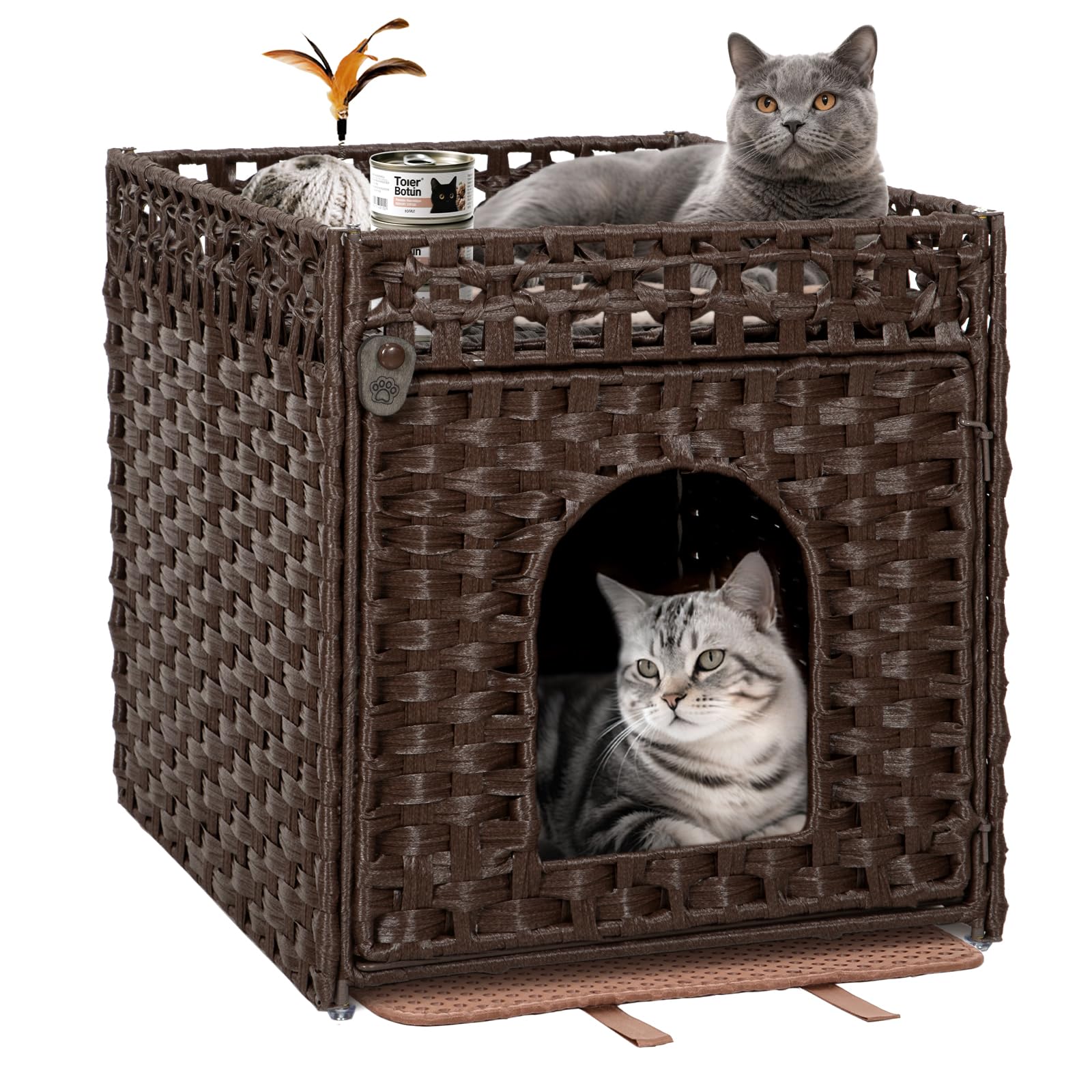 Handwoven Rattan Cat Litter Box Enclosure Furniture - Hidden Cabinet with Odor-Control Mat, Anti-Spill Fence & Secure S-Hooks for Living Room/Bedroom, 18.2"x18.2"x24.5" (Brown)