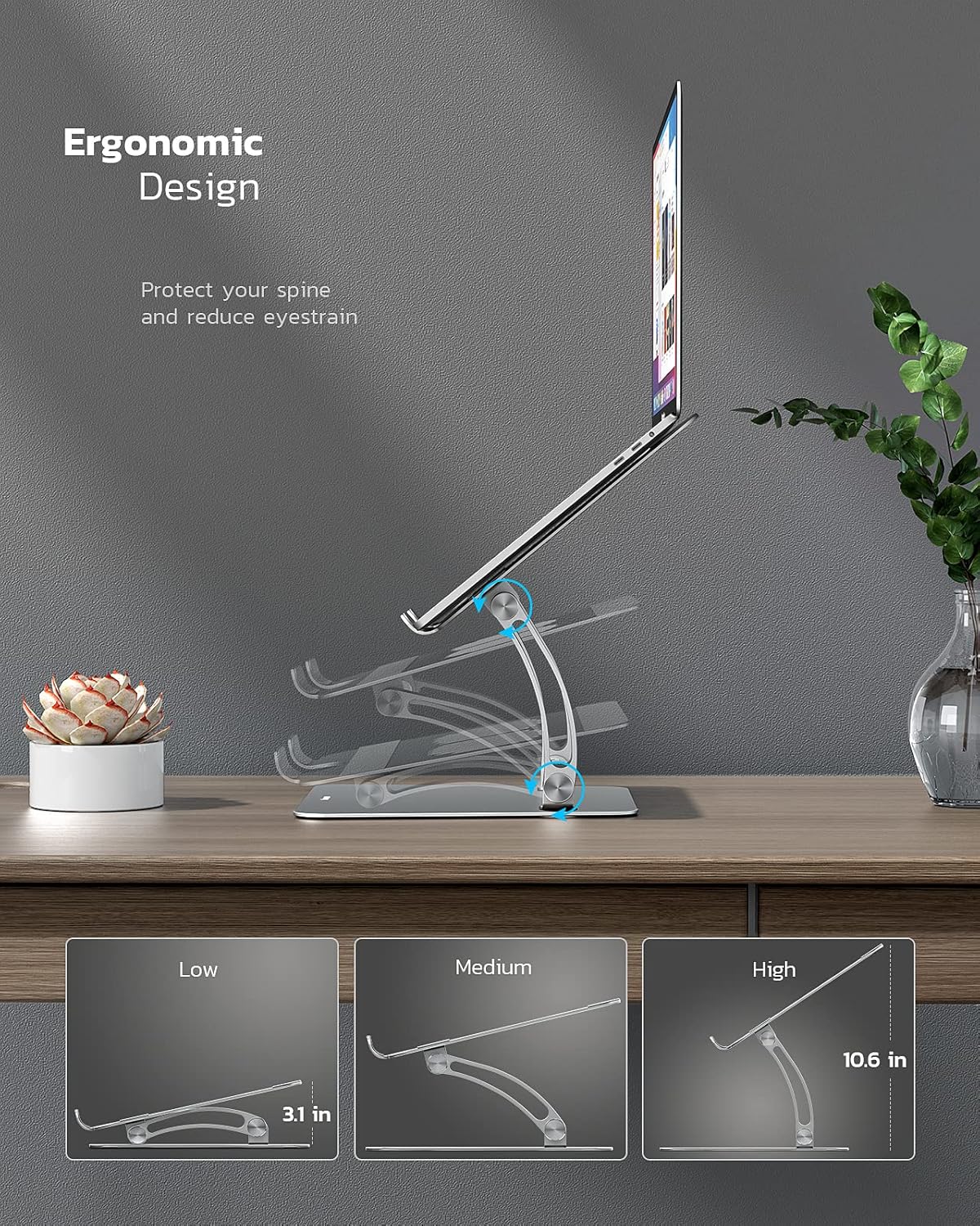 Adjustable Laptop Stand for Desk, Nulaxy Ergonomic Portable Laptop Stand Up to 10.6" with Heat-Vent , Laptop Riser Supports Upto 11Lbs, Compatible with MacBook Pro All Laptops 11-16"(Silver) : Electronics