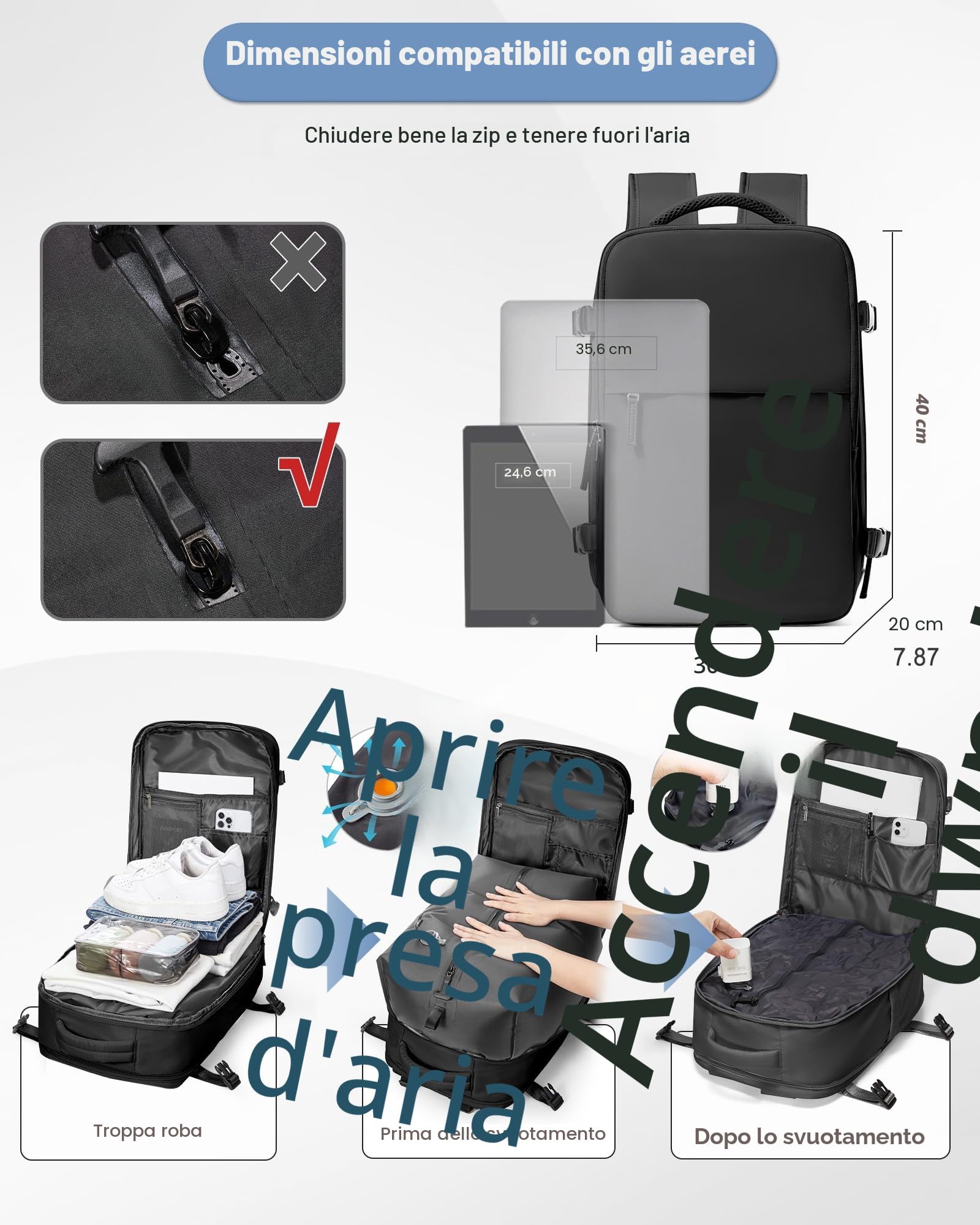 SZLX Zaino Ryanair 40x30x20 Sottovuoto Zaino da Viaggio 40x30x20 Wizzair | Bagaglio a Mano 40x30x20 Donna Uomo Borse da Cabina per Ryanair Easyjet Adatto a PC da 14 Pollici con USB e scomparto scarpe