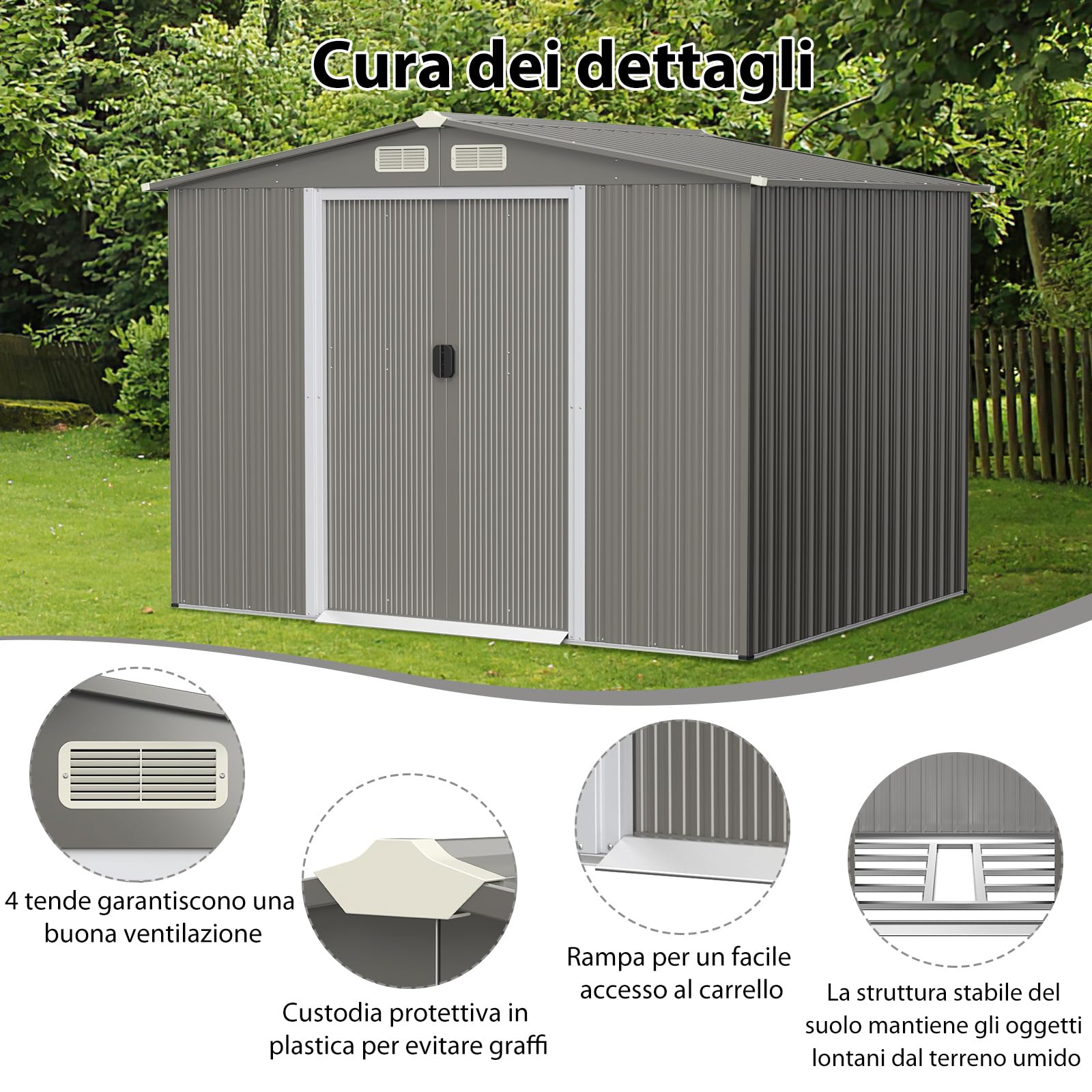 COSTWAY Casetta da Giardino 4,74㎡, Capanno da Esterno in Lamiera Acciaio Zincato Resistente alle Intemperie con 4 Feritoie, Doppie Porte e Rampa, 260 x 207 x 181 cm (Grigio chiaro)