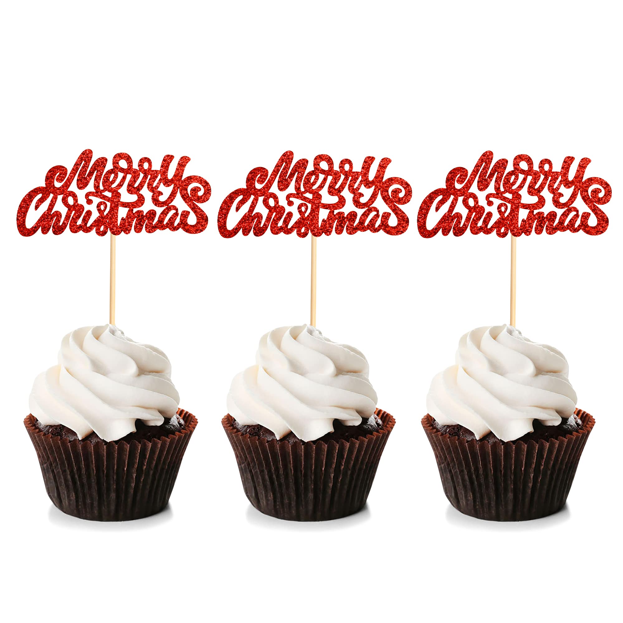 Blumomon 36Pcs Merry Christmas Cupcake Toppers Red Glitter Xmas Holiday Cupcake Picks Christmas Theme New Year Party Cake Decorations Supplies
